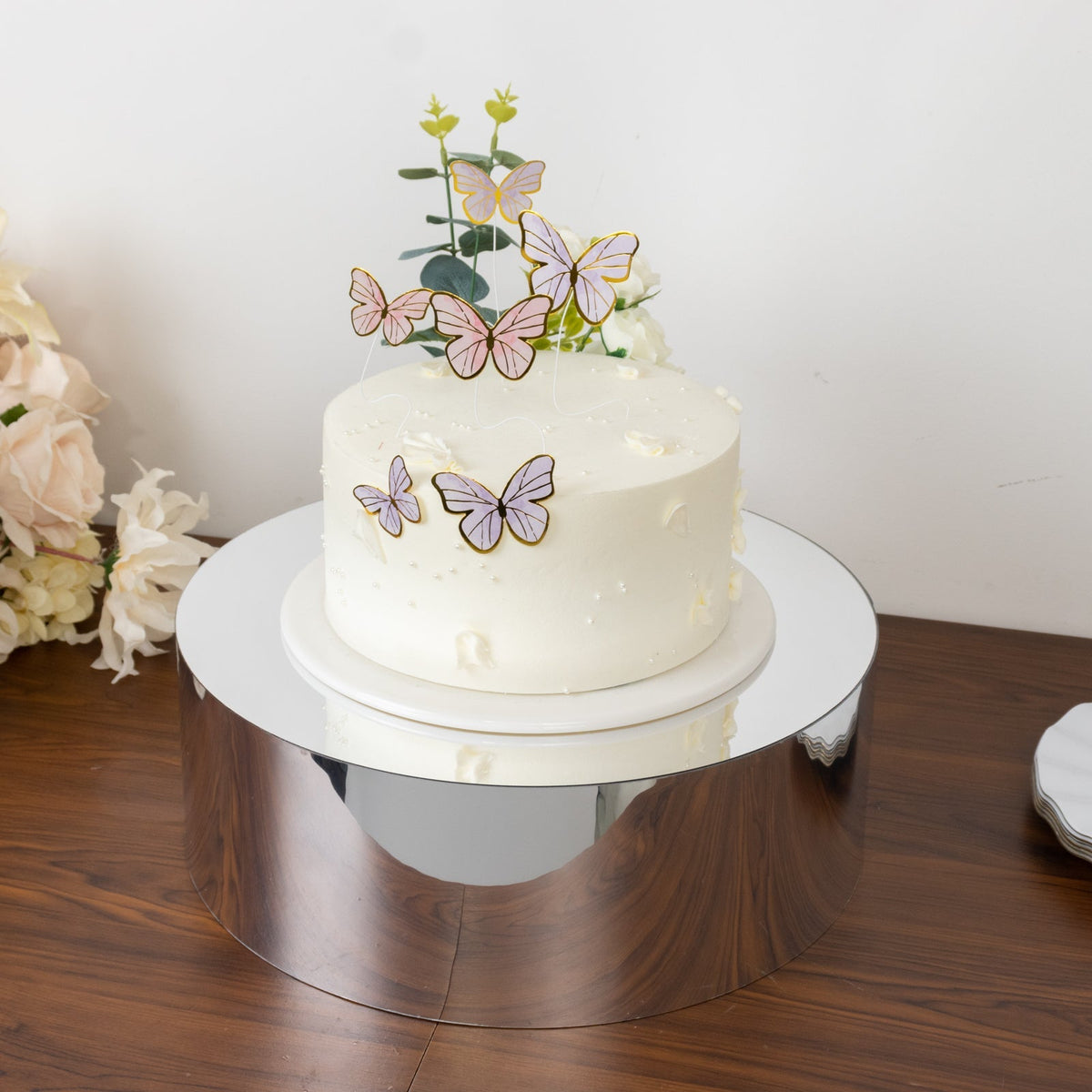 Acrylic Cake Stand Display Box 14" Round - Mirror Finish Silver, Versatile Pedestal Riser for Events