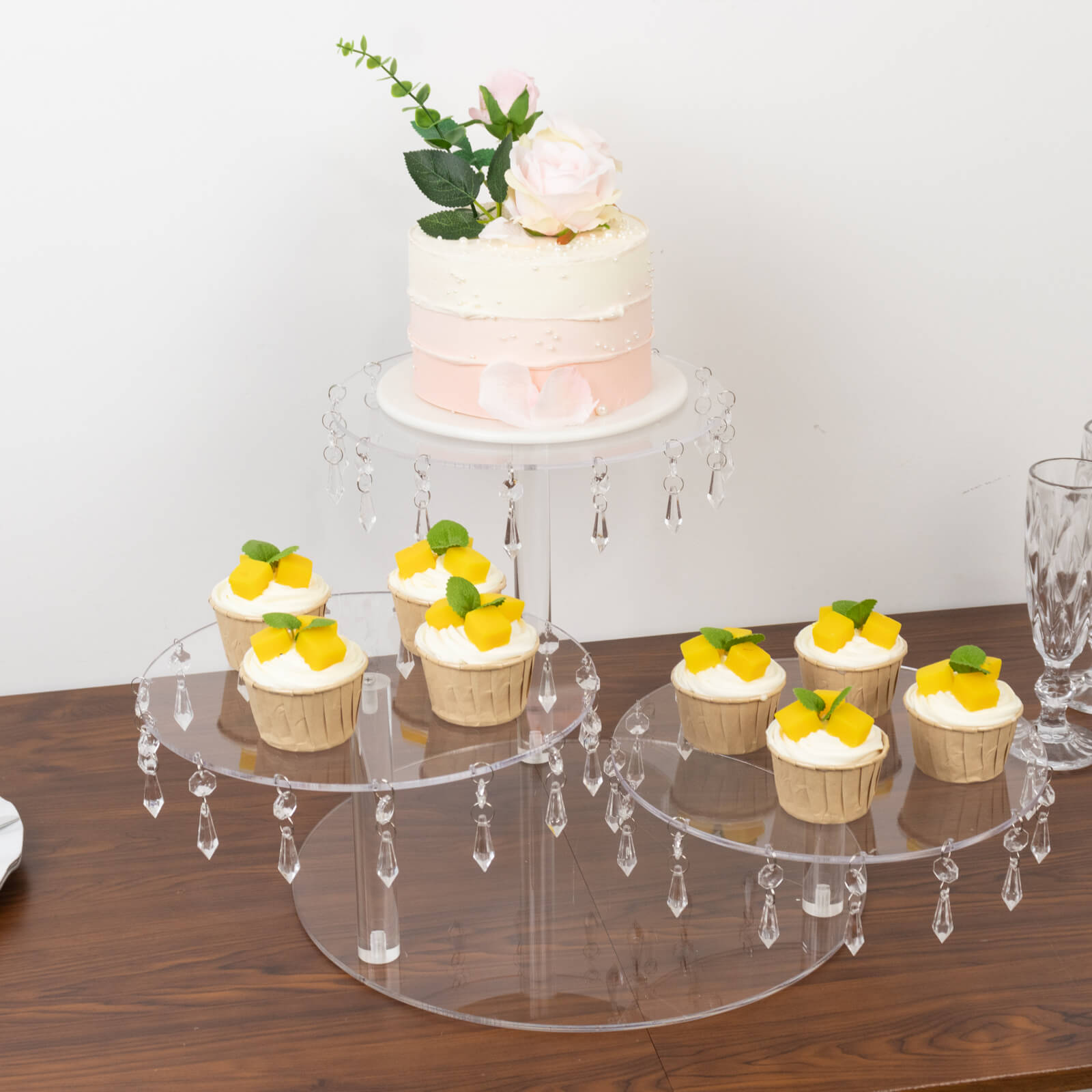 3-Tier Acrylic Cake Stand Clear with Hanging Crystal Pendants – Dessert Display for Weddings & Parties