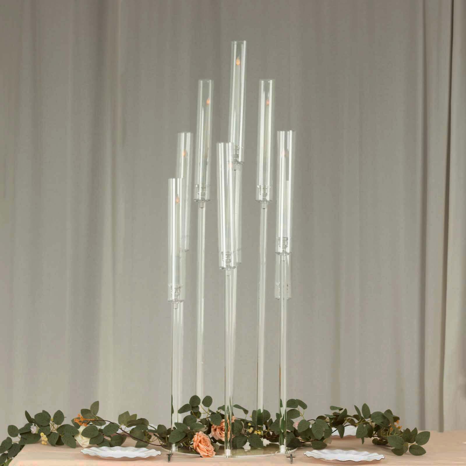 10-Arm Round Cluster Acrylic Candelabra Clear with Circular Base - Stylish Taper Candle Holder Table Centerpiece for Pillar Candles 47"