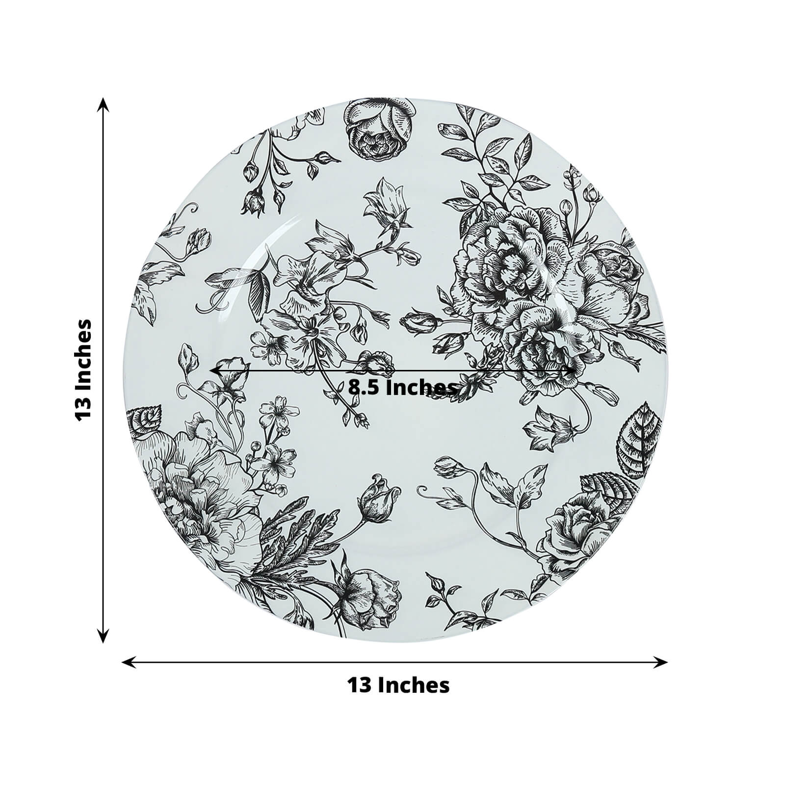6-Pack Acrylic Round Charger Plates 13" in White with Black Floral French Toile Pattern, Decorative Dinner Party Charger Tableware