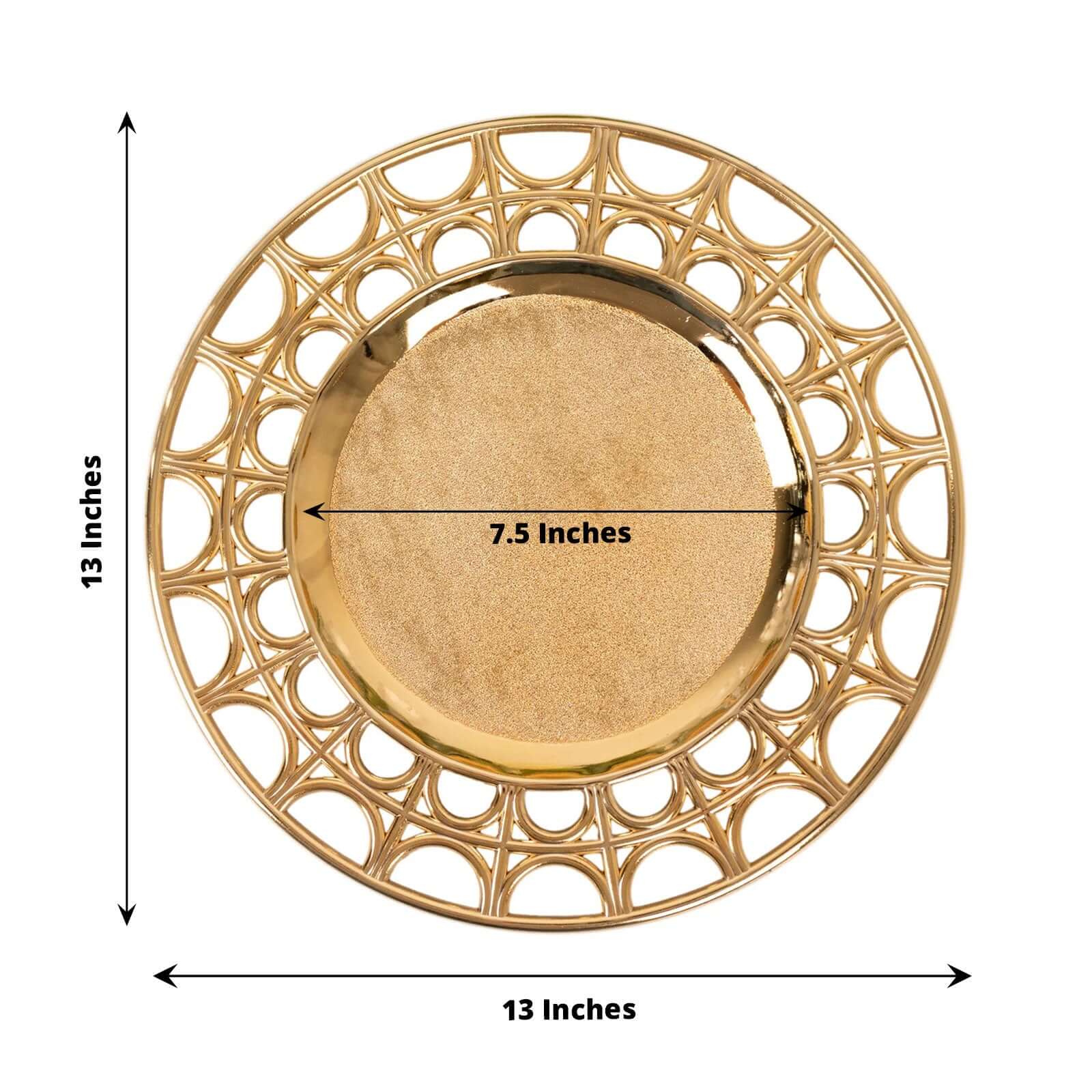 6-Pack Acrylic Round Charger Plates 13" in Metallic Gold with Hollow Semi Circle Rim, Plastic Decorative Charger Tableware