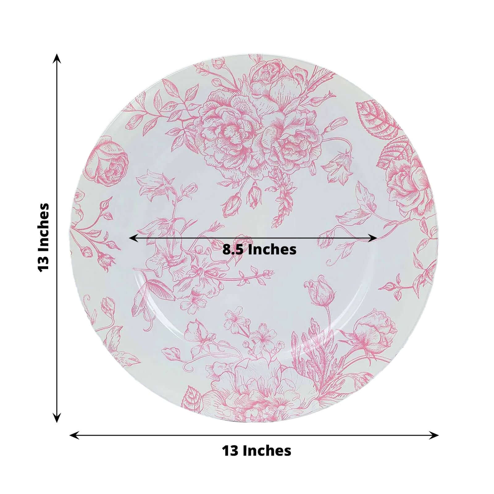 6-Pack Acrylic Round Charger Plates 13" in White with Pink Floral French Toile Pattern, Decorative Dinner Party Charger Tableware