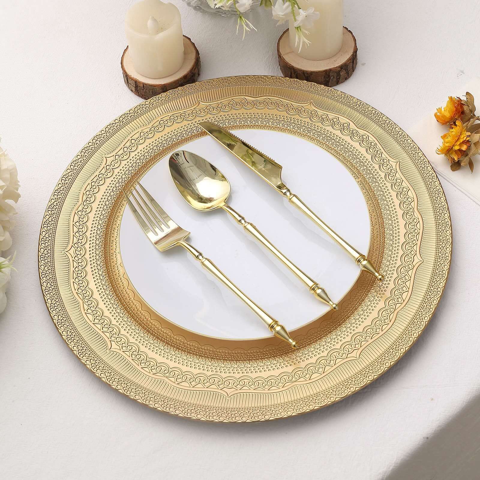 6-Pack Acrylic Round Charger Plates 13" in Gold with Lace Embossed Rim, Rustic Plastic Decorative Charger Tableware