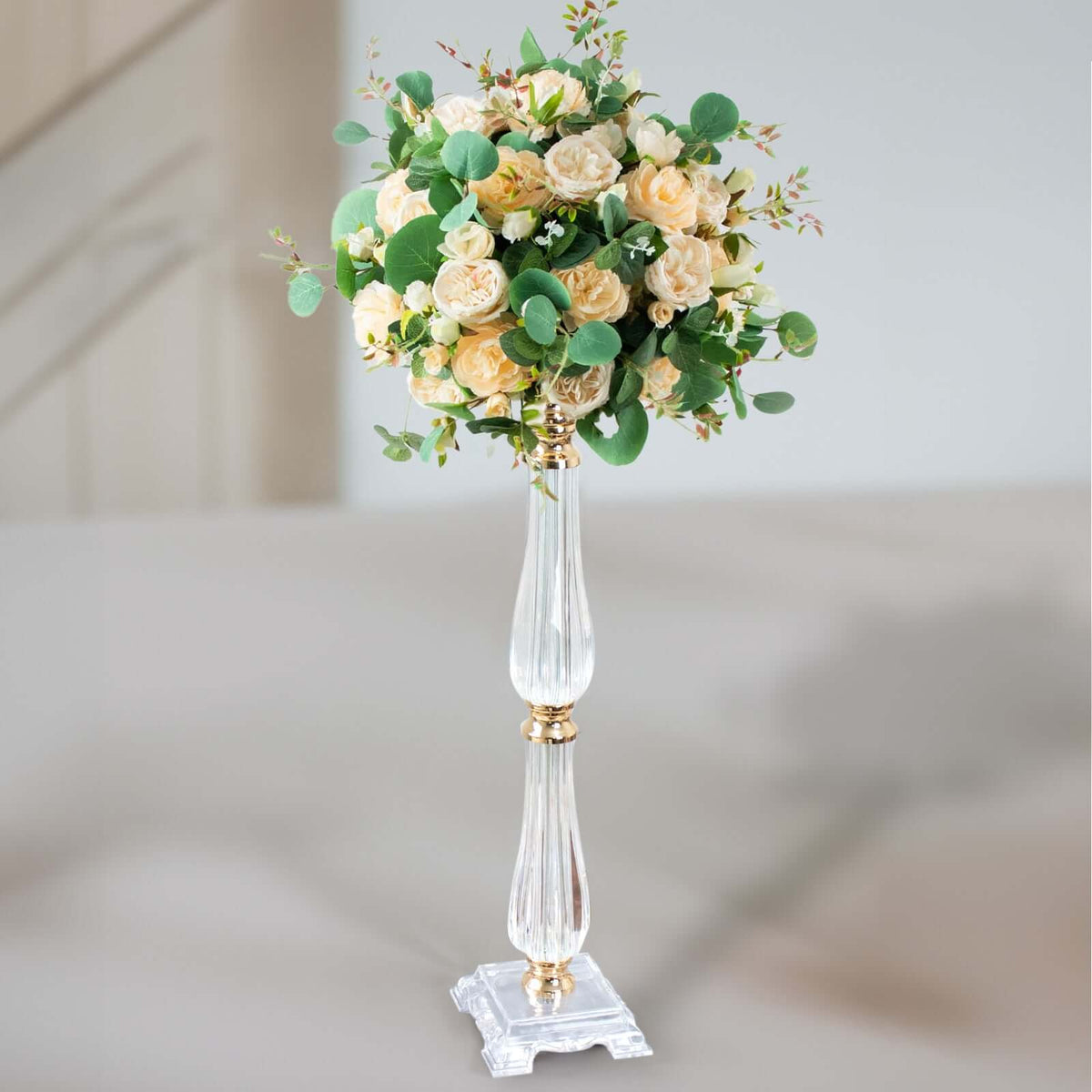 Acrylic Crystal Pillar Candle Stand Gold/Clear - Table Centerpiece and Wedding Flower Bowl Pedestal 24"