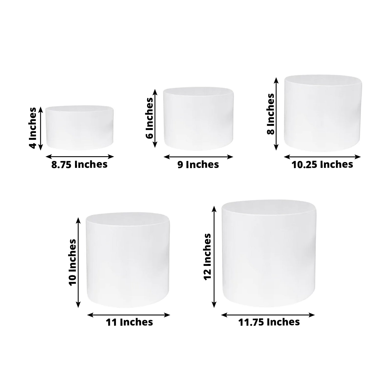 Set of 5 Acrylic Cake Stands Cylinder Design Round White - Display Risers for Events 8.5", 9", 10", 11", 12"