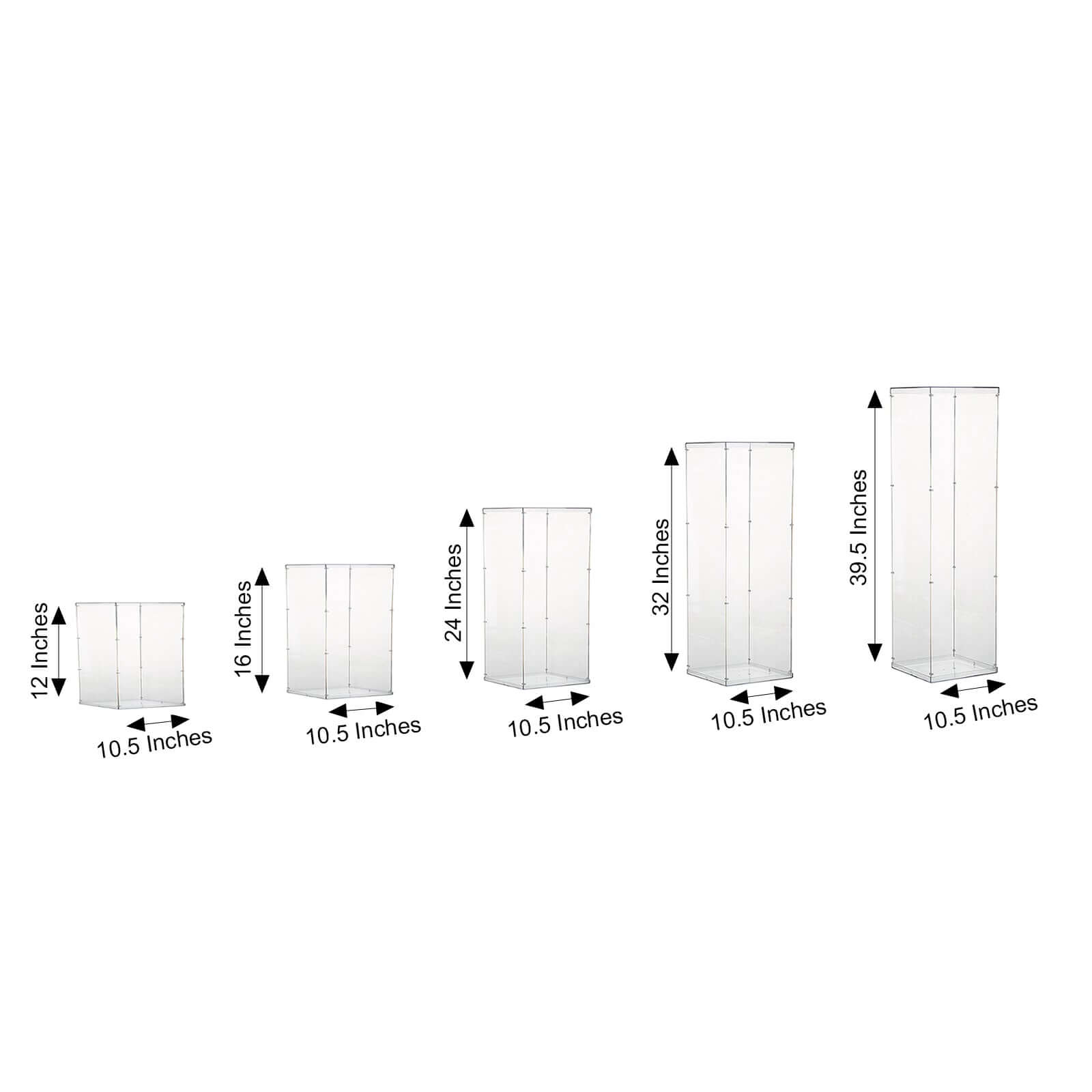 Set of 5 Clear Acrylic Display Boxes, Transparent Pedestal Risers with Interchangeable Lid and Base - 12",16",24",32",40"