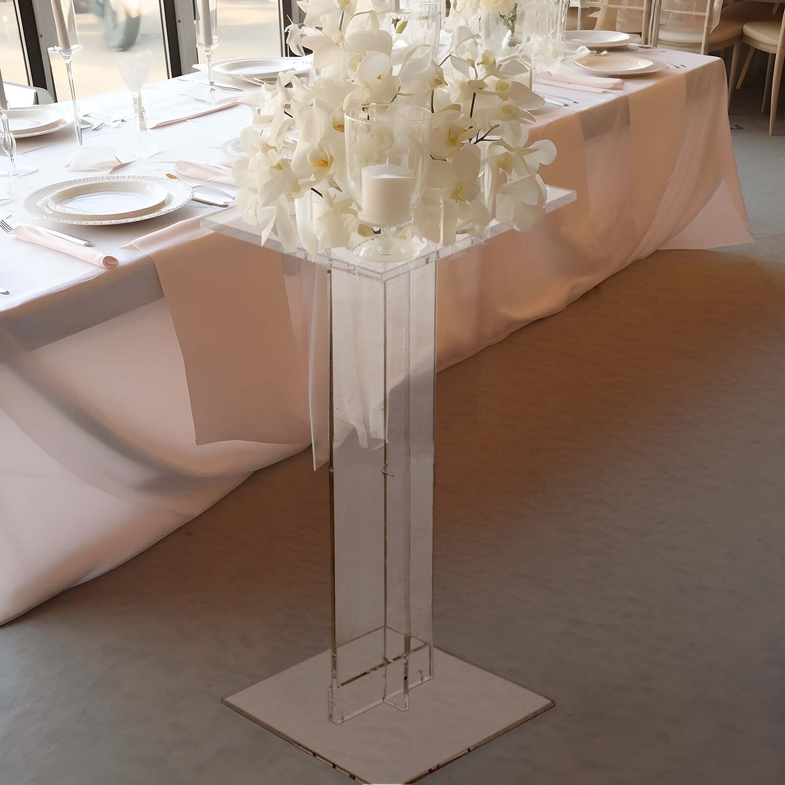 Acrylic Display Stand Flower Pedestal with Square Bases Clear - Durable 10mm Thick Table Centerpiece 32"