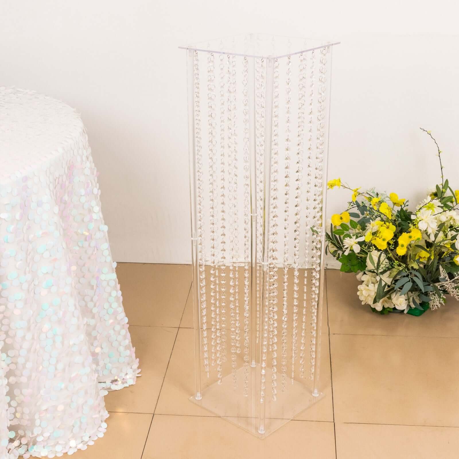 Acrylic Flower Pedestal Vase Pillar Stand with Crystal Beads Clear - Stylish Wedding Floor Centerpiece 40"