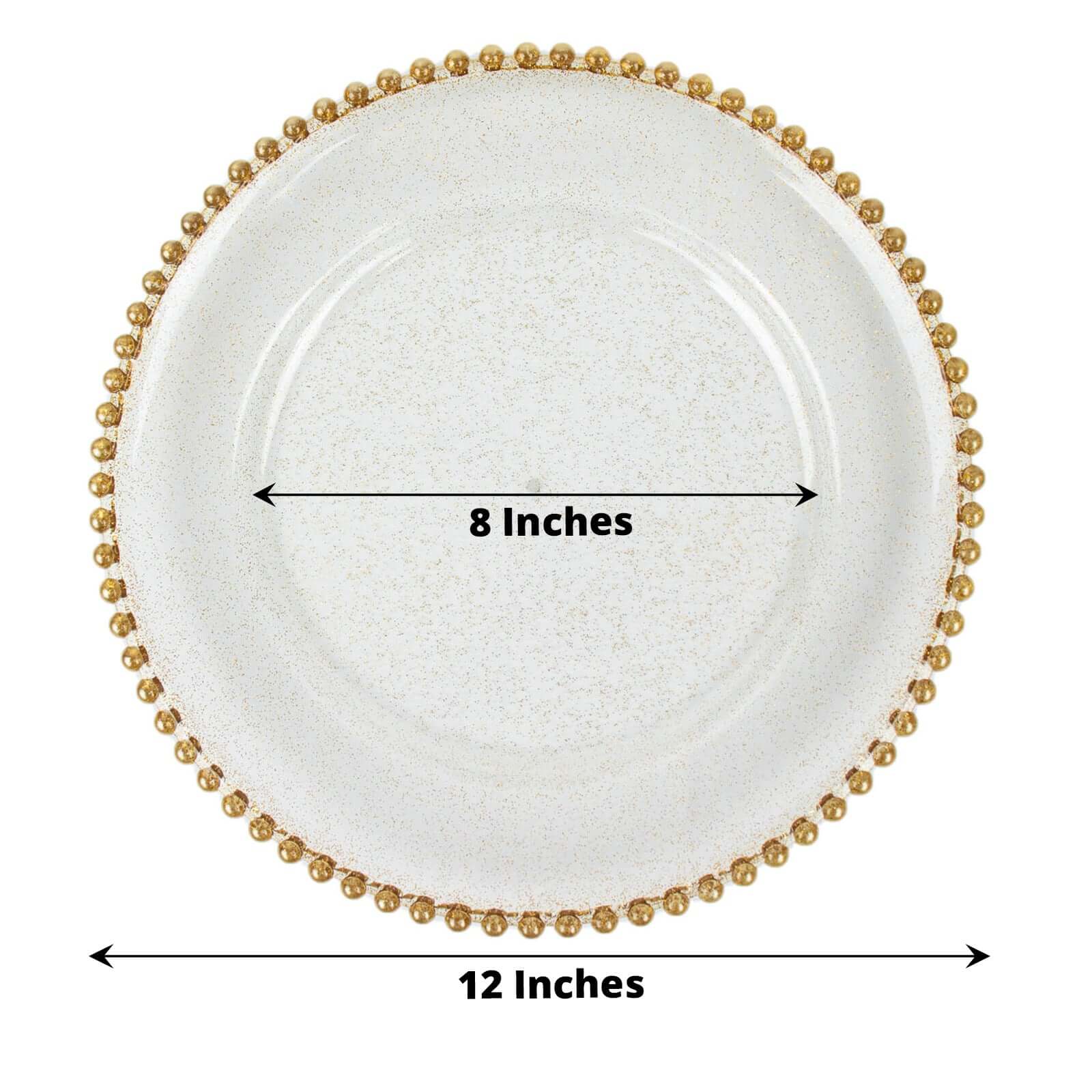 6-Pack Acrylic Round Charger Plates 13" in Clear Gold Glittered with Beaded Rim, Decorative Dinner Party Serving Plates