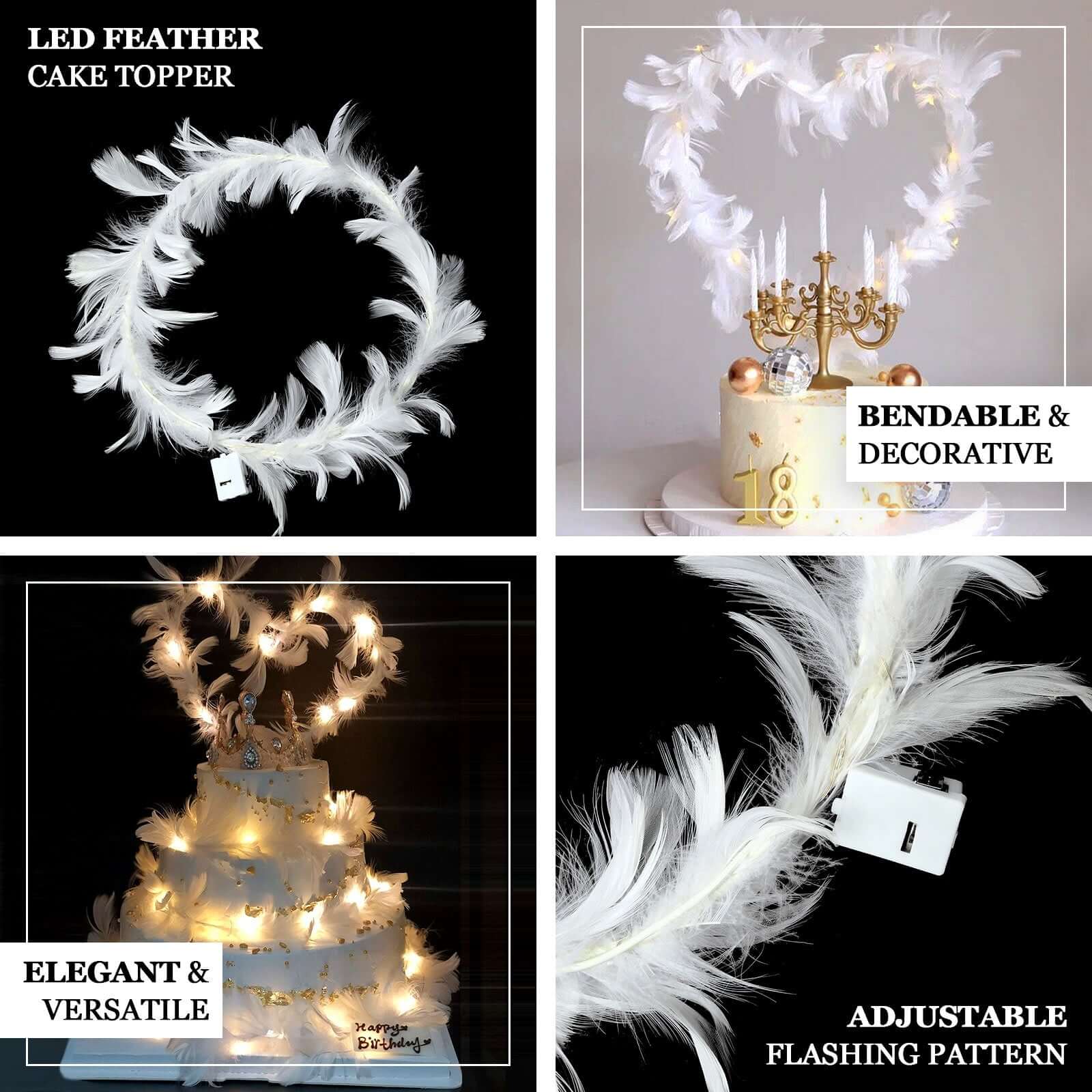 Ostrich Feather Cake Topper with LED Light Up Design - Real Feather Wedding Cake Decor 35"