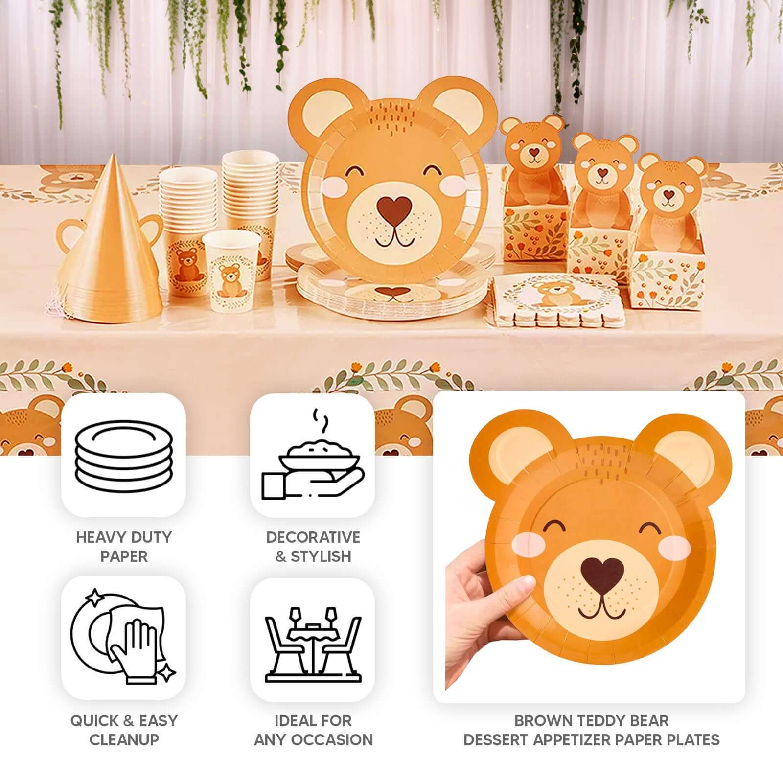 25-Pack Paper 7" Round Plates Brown Teddy Bear Print - Disposable 300GSM Cute Bear Themed Appetizer Dessert Party Plates for Baby Shower Birthday Event Decoration