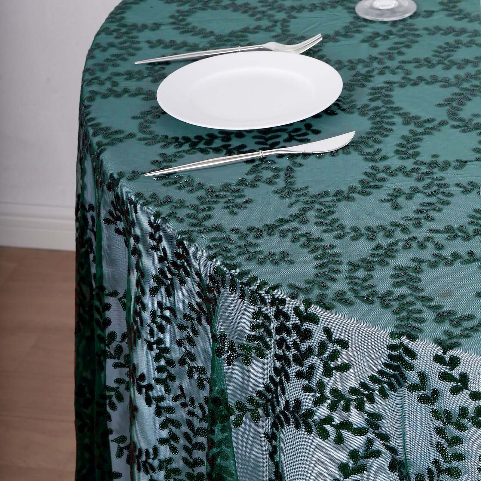 Tulle 120" Round Tablecloth Hunter Emerald Green - Seamless Sequin Leaf Embroidered Table Cover