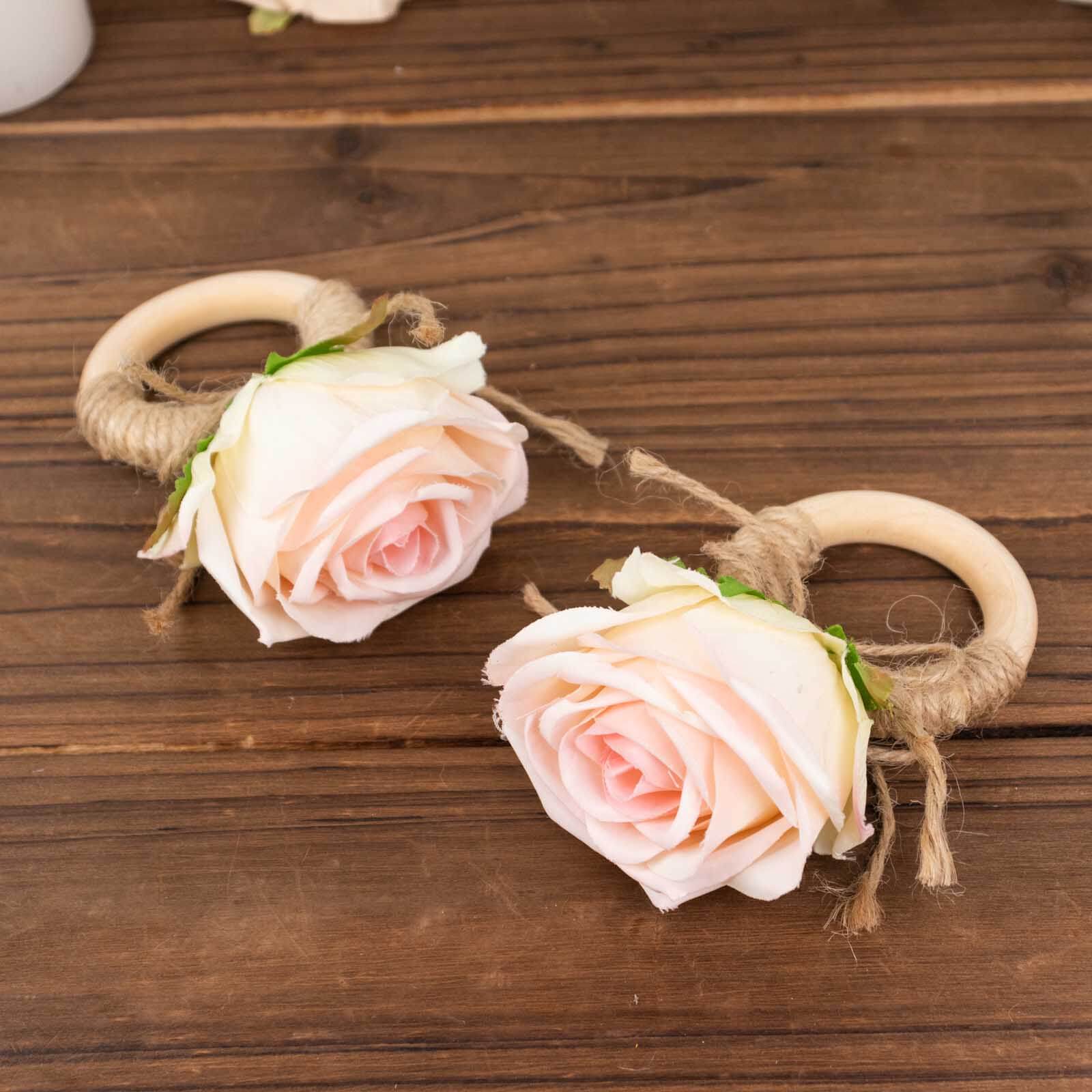 4 Pack Blush Artificial Rose Flower Wooden Napkin Holders, Farmhouse Country Floral Napkin Rings - 4"