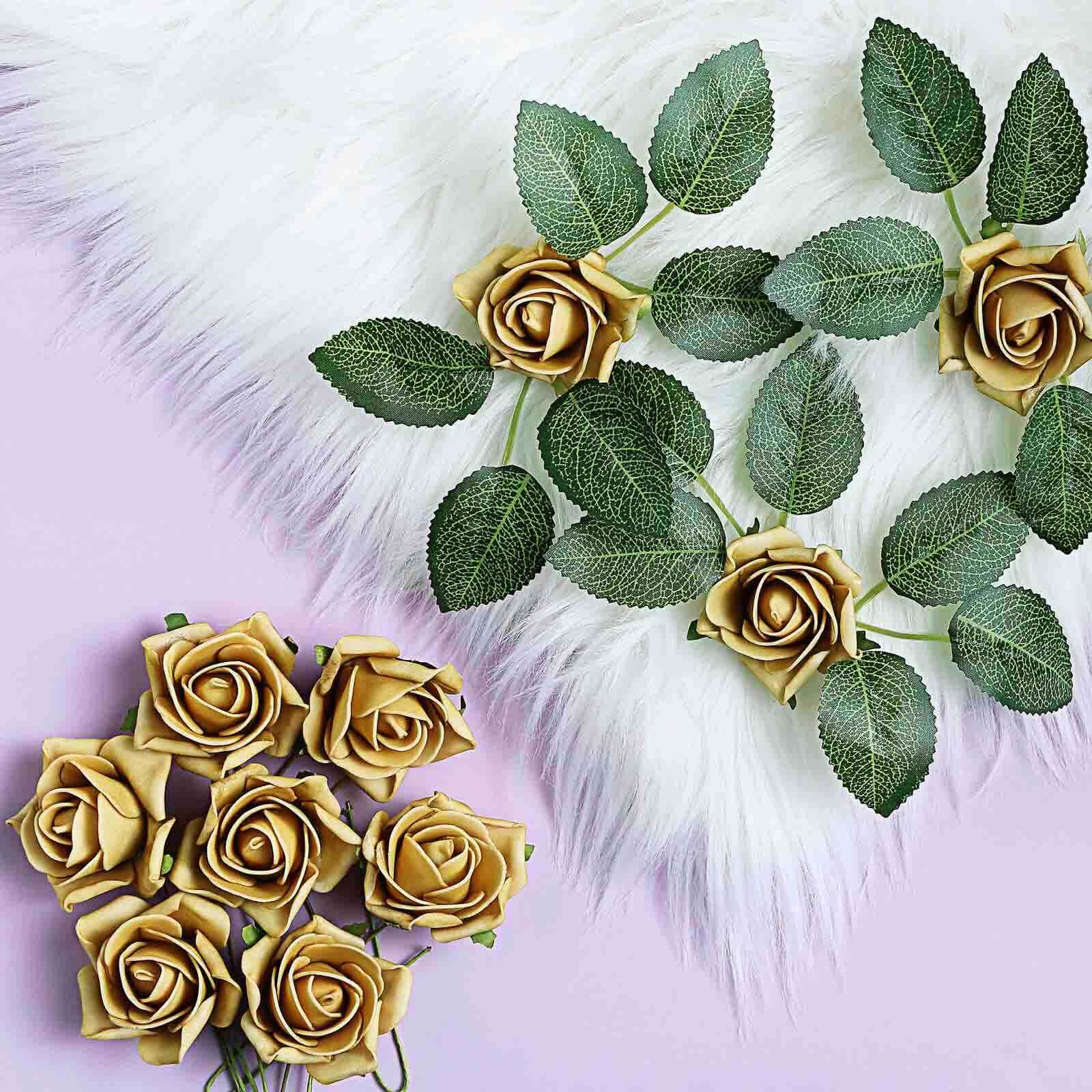 24 Roses 2" Gold Artificial Foam Flowers With Stem Wire and Leaves