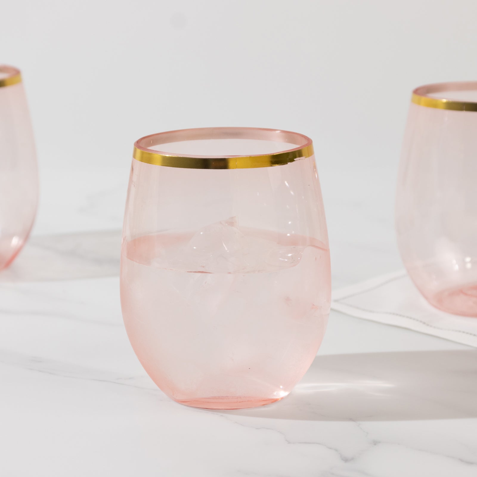 12-Pack Plastic Wine Tumblers Transparent Blush with Gold Rim - Reusable Drinkware 12oz