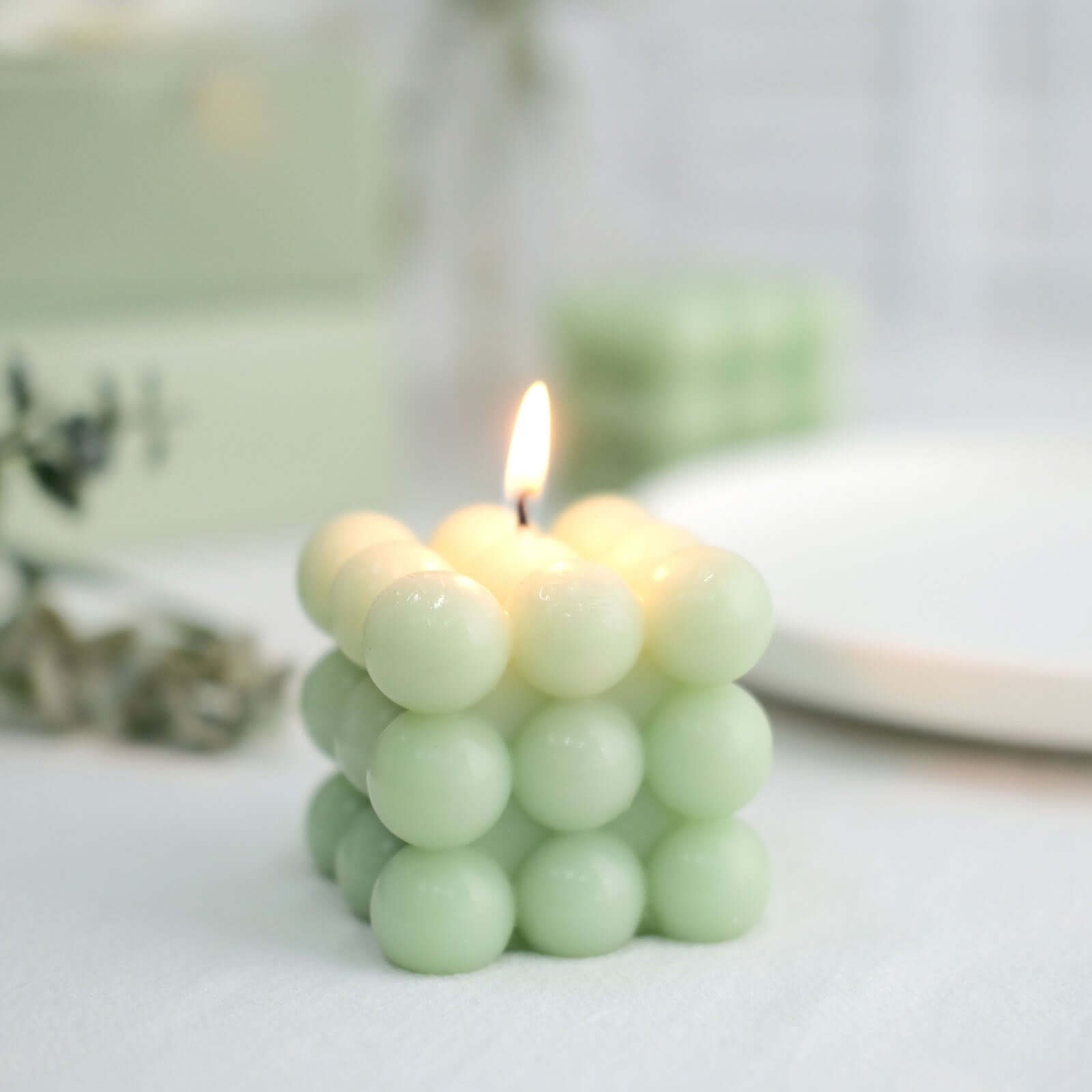 2-Pack Decorative Paraffin Wax Candles Bubble Cube Design Sage Green - Unscented Long Burning Pillar Candle Set 2"