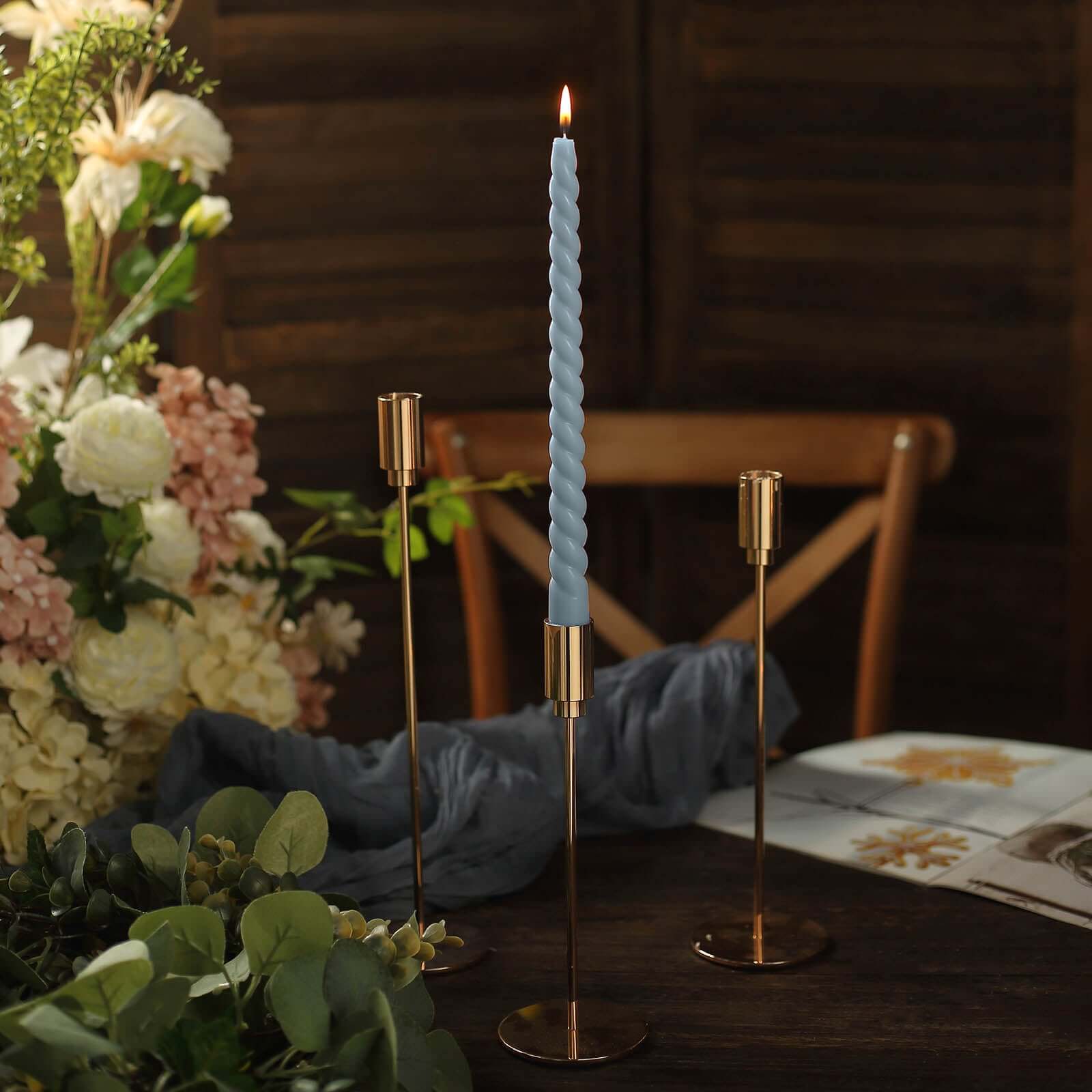 12-Pack Taper Candles Spiral Long Burn Wick Design Dusty Blue - Premium Unscented Wax Dinner Candle Sticks 11"