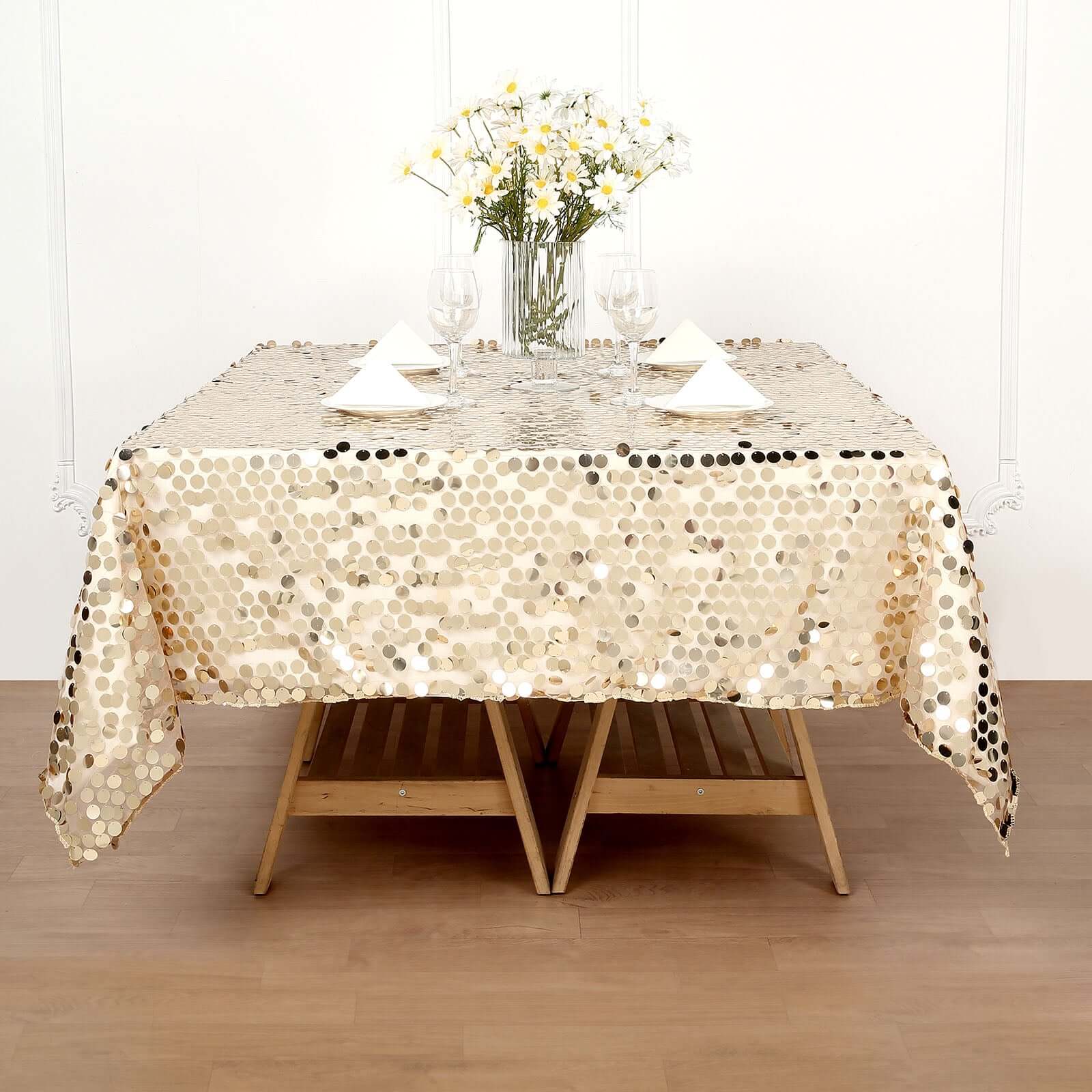 Sequin 72"x72" Table Overlay Square Tablecloth Champagne - Big Payette Table Cover