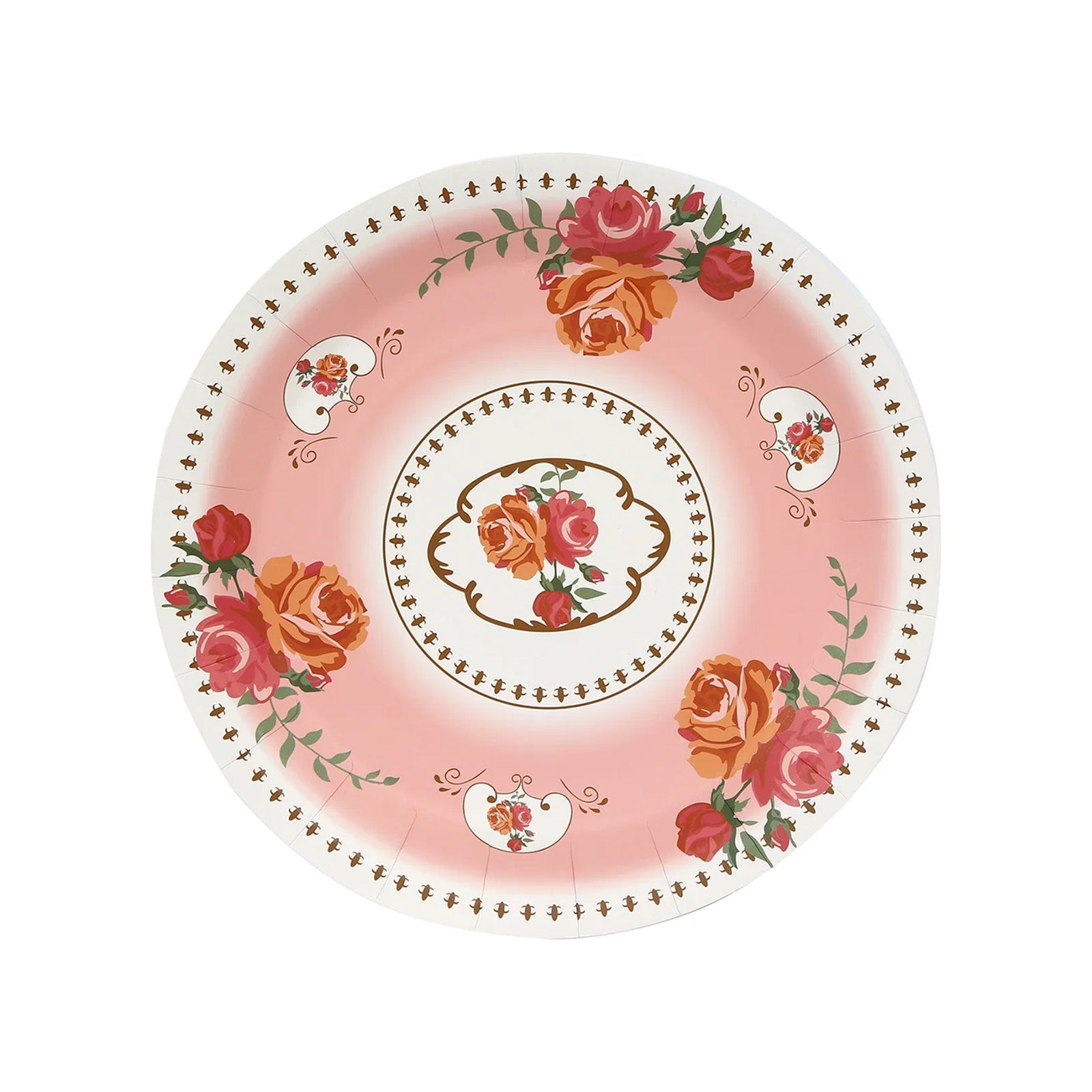 25-Pack Paper 9" Round Dinner Plates in Dusty Rose with Vintage Rose Flower Print - Disposable Plates