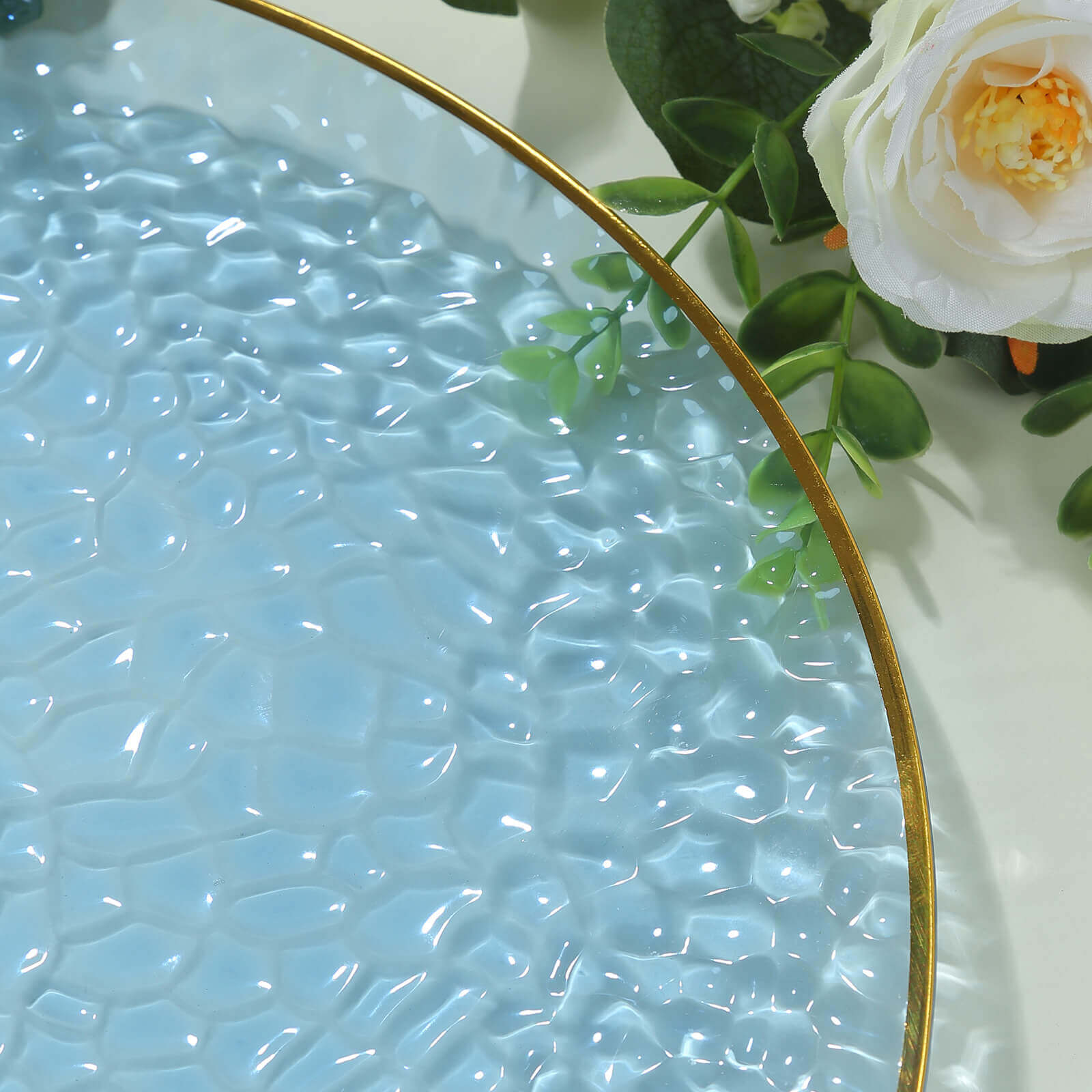 10 Pack Economy Plastic Round Charger Plates 13" in Transparent Dusty Blue Hammered Design with Gold Rim, Decorative Dinner Party Serving Plates