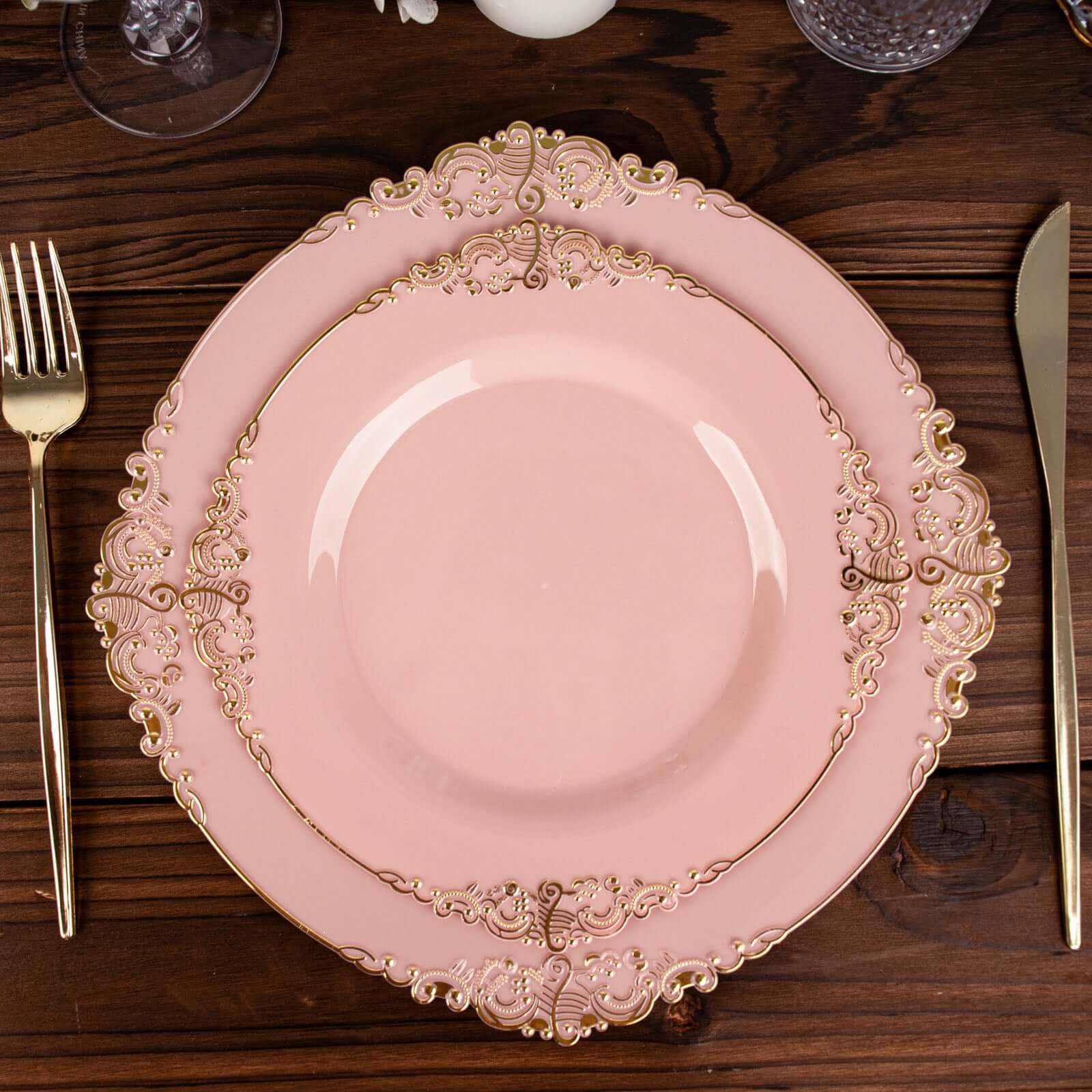 10-Pack Plastic 8" Round Dessert Plates in Dusty Rose with Gold Leaf Embossed Rim - Disposable Vintage Baroque Style Salad Plates