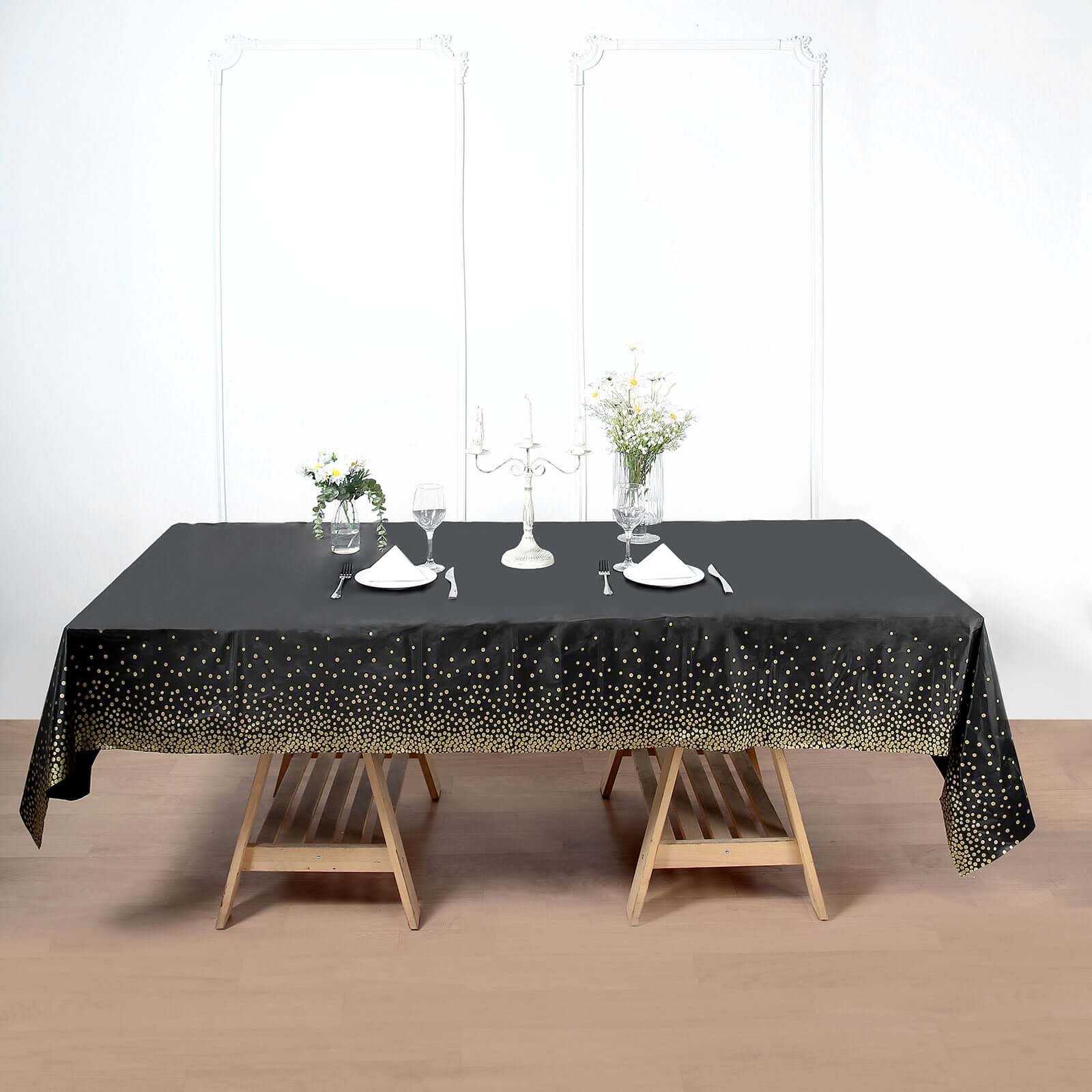 5-Pack Plastic Table Covers Black Rectangle with Gold Confetti Dots - Durable PVC Disposable Tablecloths for Events 54"x108"