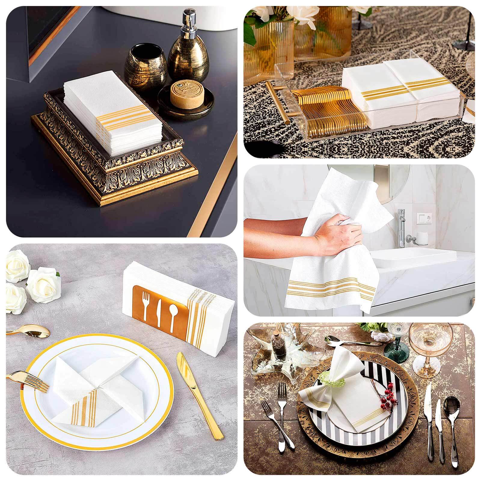 20 Pack Linen-Like Paper 8"x4" Napkins White With Gold Lines - Soft Hygienic Airlaid Guest Towels