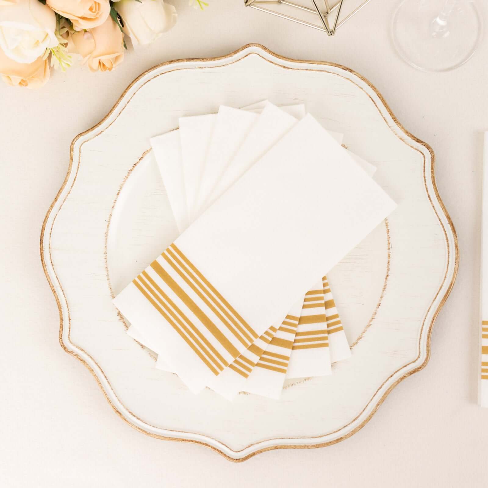 20 Pack Linen-Like Paper 8"x4" Napkins White With Gold Lines - Soft Hygienic Airlaid Guest Towels