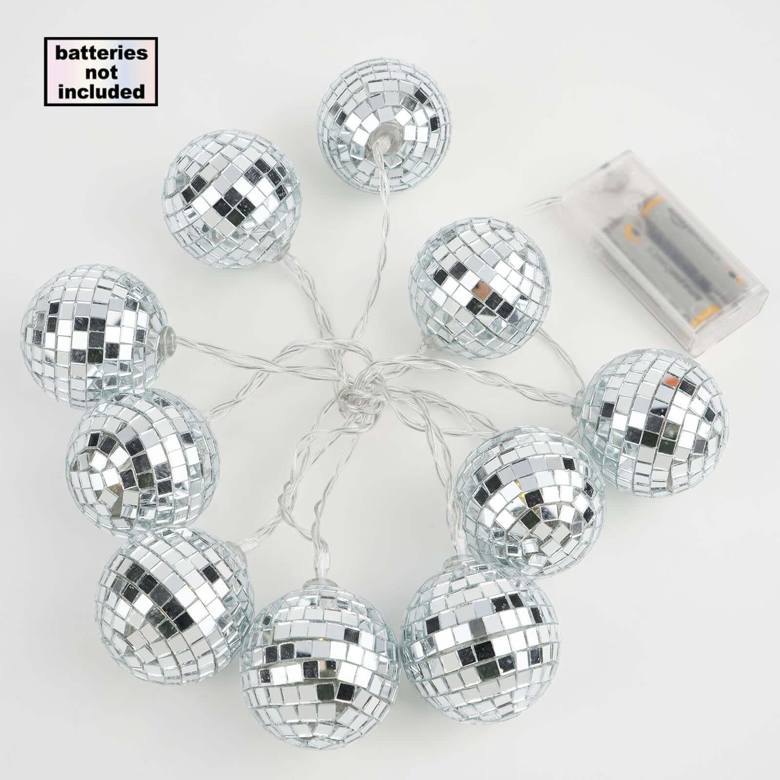 10 LED String Light Garland Silver Disco Mirror Ball Warm White - Battery Operated Event Décor 6ft