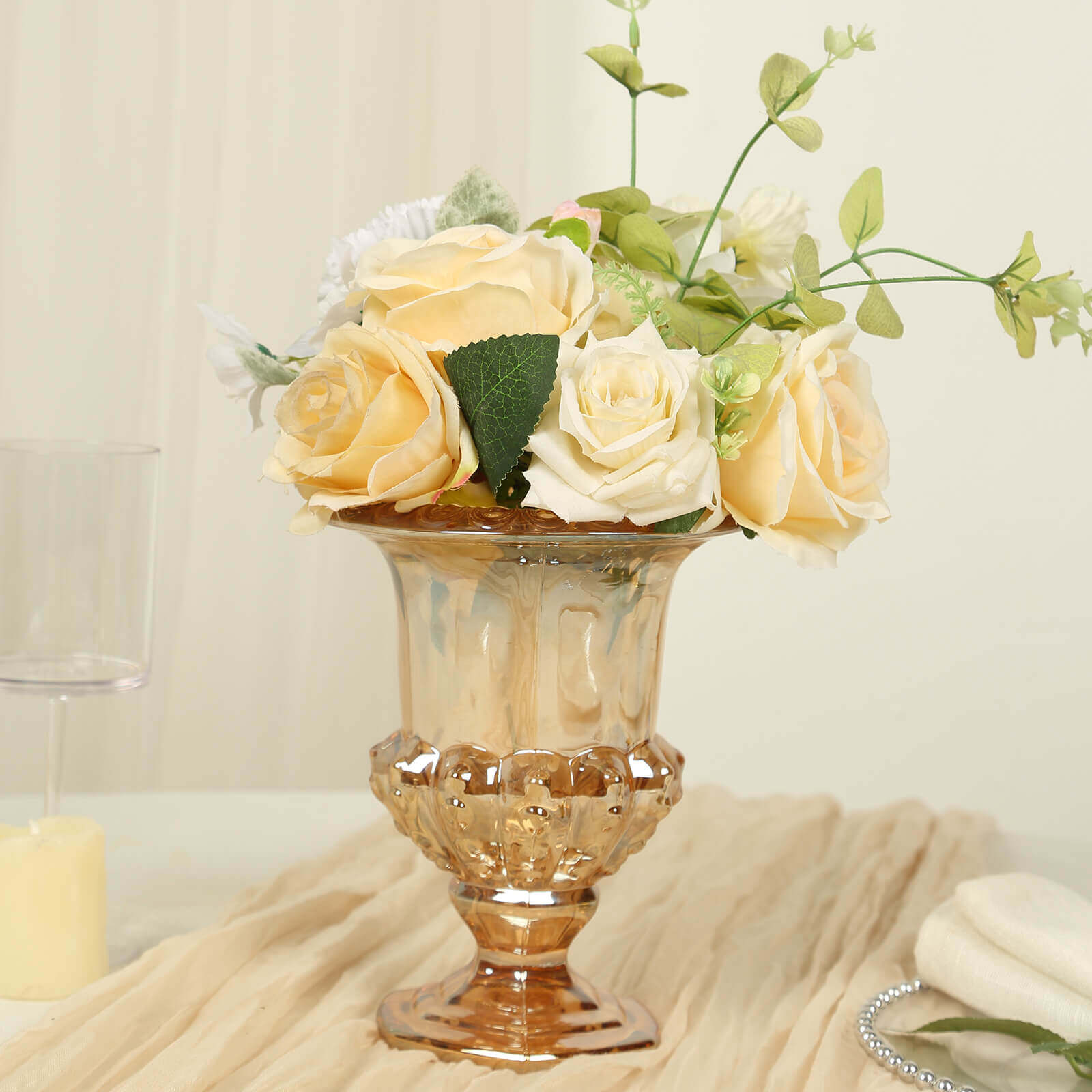 2-Pack Glass Mini Pedestal Flower Vases in Classic Roman Urn Style Amber Gold - Sophisticated Wedding Table Centerpieces 8"