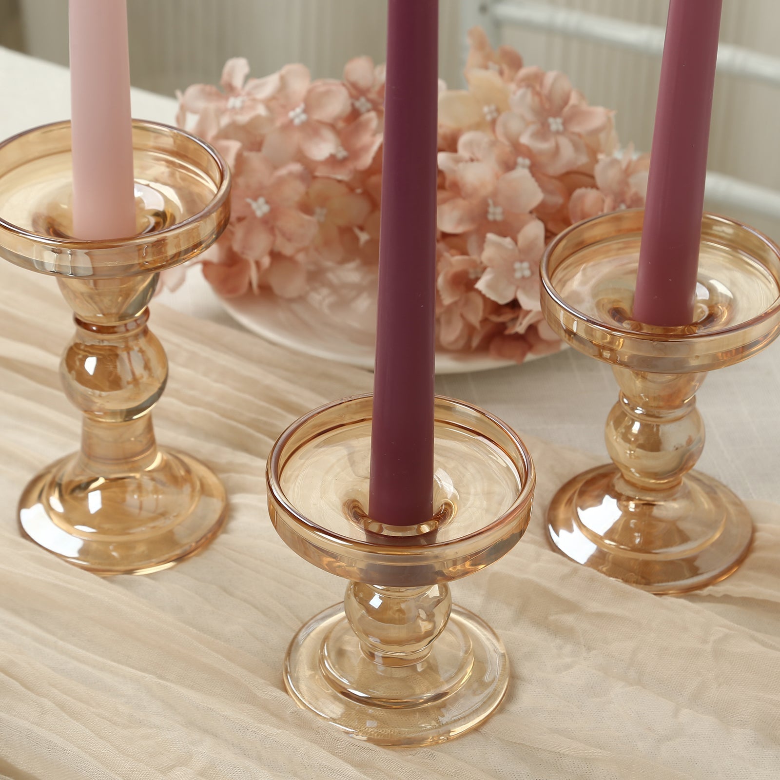 Set of 3 Glass Pillar Candle Holders Amber Gold with Round Tray - Crystal Ball Stem Taper Candlestick Tea Light Stands 3.5", 4.5", 5.5"