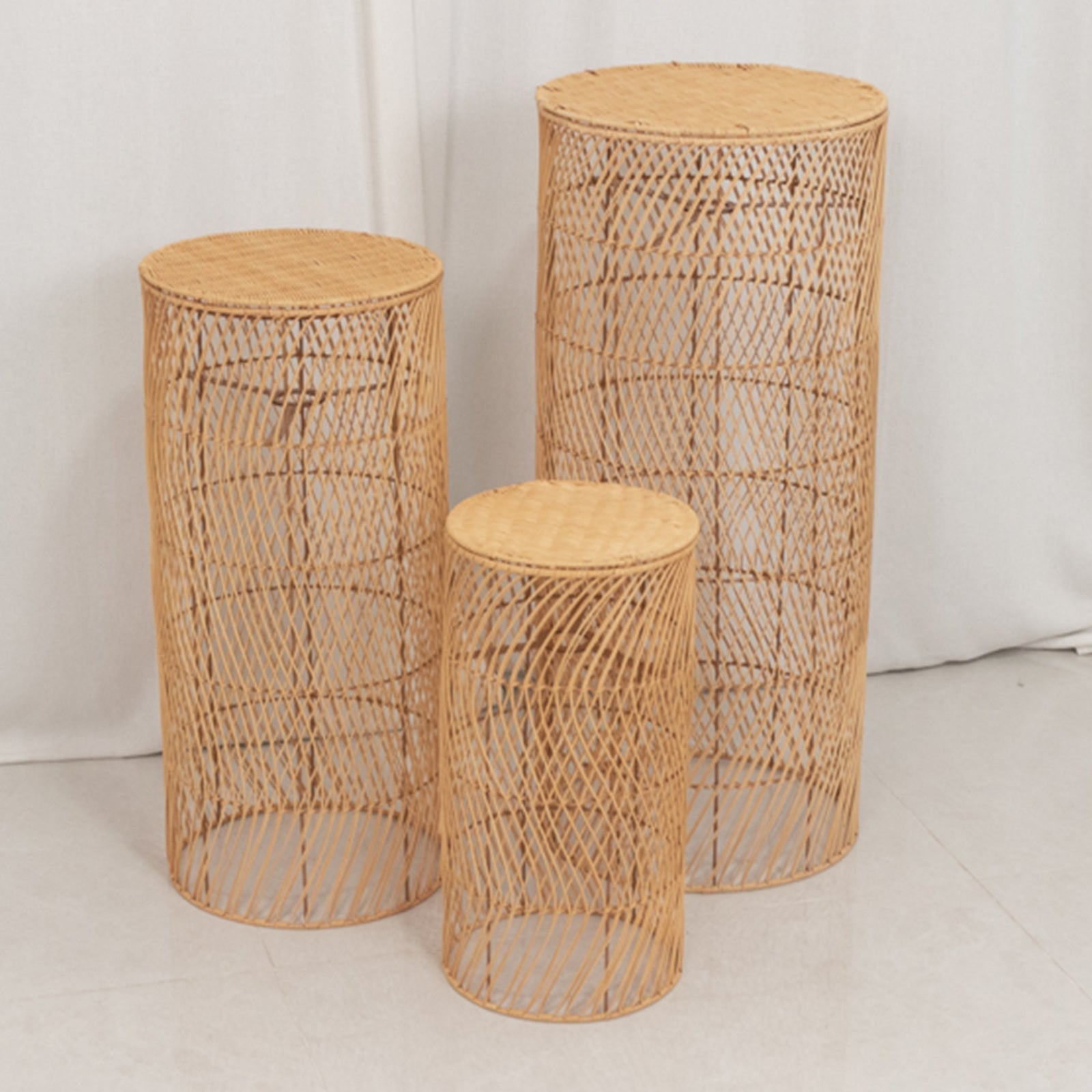 Set of 3 Natural Woven Rattan Wicker Pedestal with Wave Pattern - 19",27",33"
