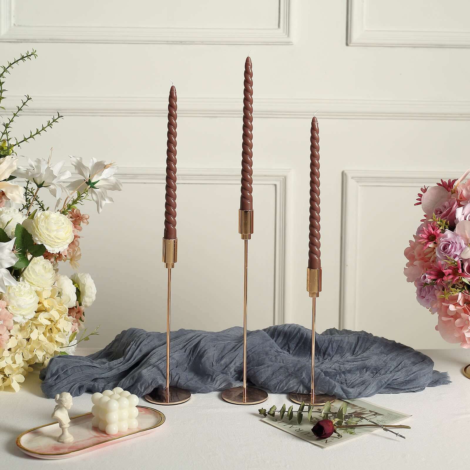 12-Pack Taper Candles Spiral Long Burn Wick Design Mocha Brown - Premium Unscented Wax Dinner Candle Sticks 11"