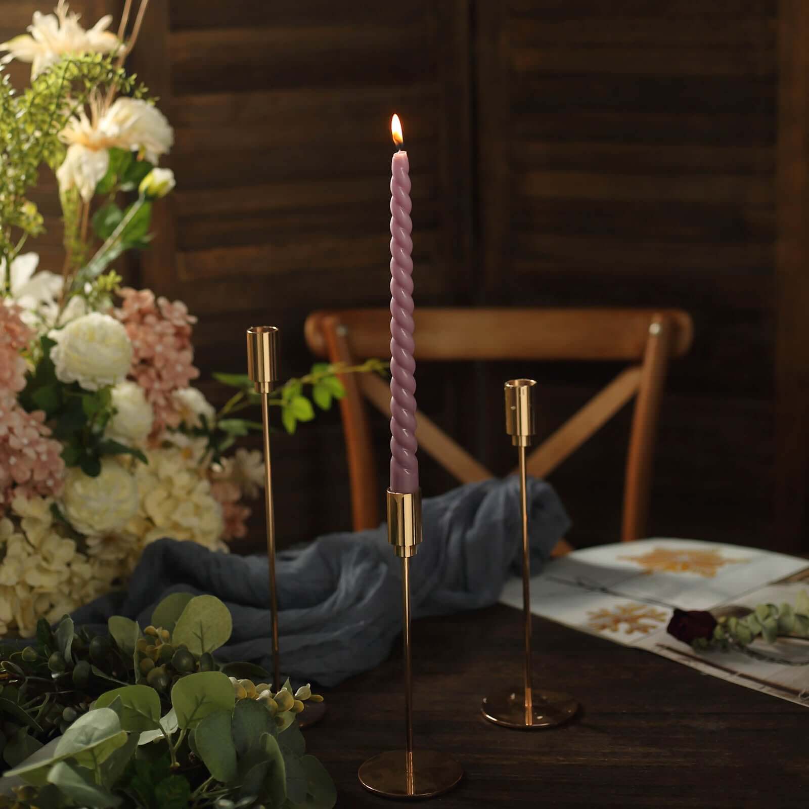 12-Pack Taper Candles Spiral Long Burn Wick Design Violet Amethyst - Premium Unscented Wax Dinner Candle Sticks 11"