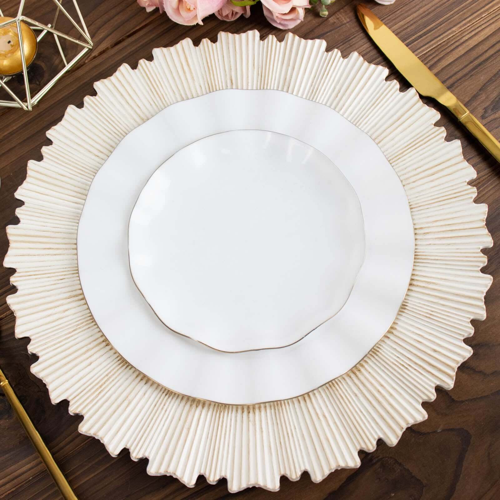 6-Pack Acrylic Plastic Round Charger Plates 13" in Antique White with Sunray Scalloped Rim, Decorative Dinner Party Charger Tableware