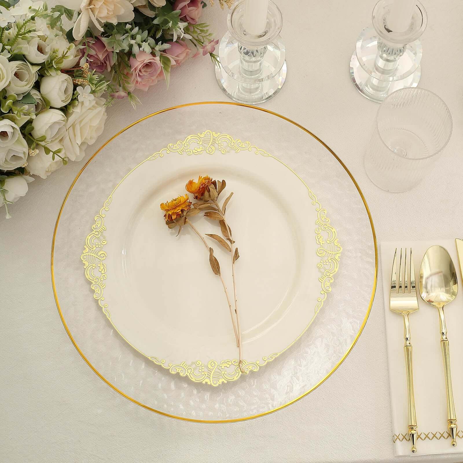 6-Pack Economy Plastic Round Charger Plates 13" in Clear Hammered Design with Gold Rim, Decorative Dinner Party Serving Plates