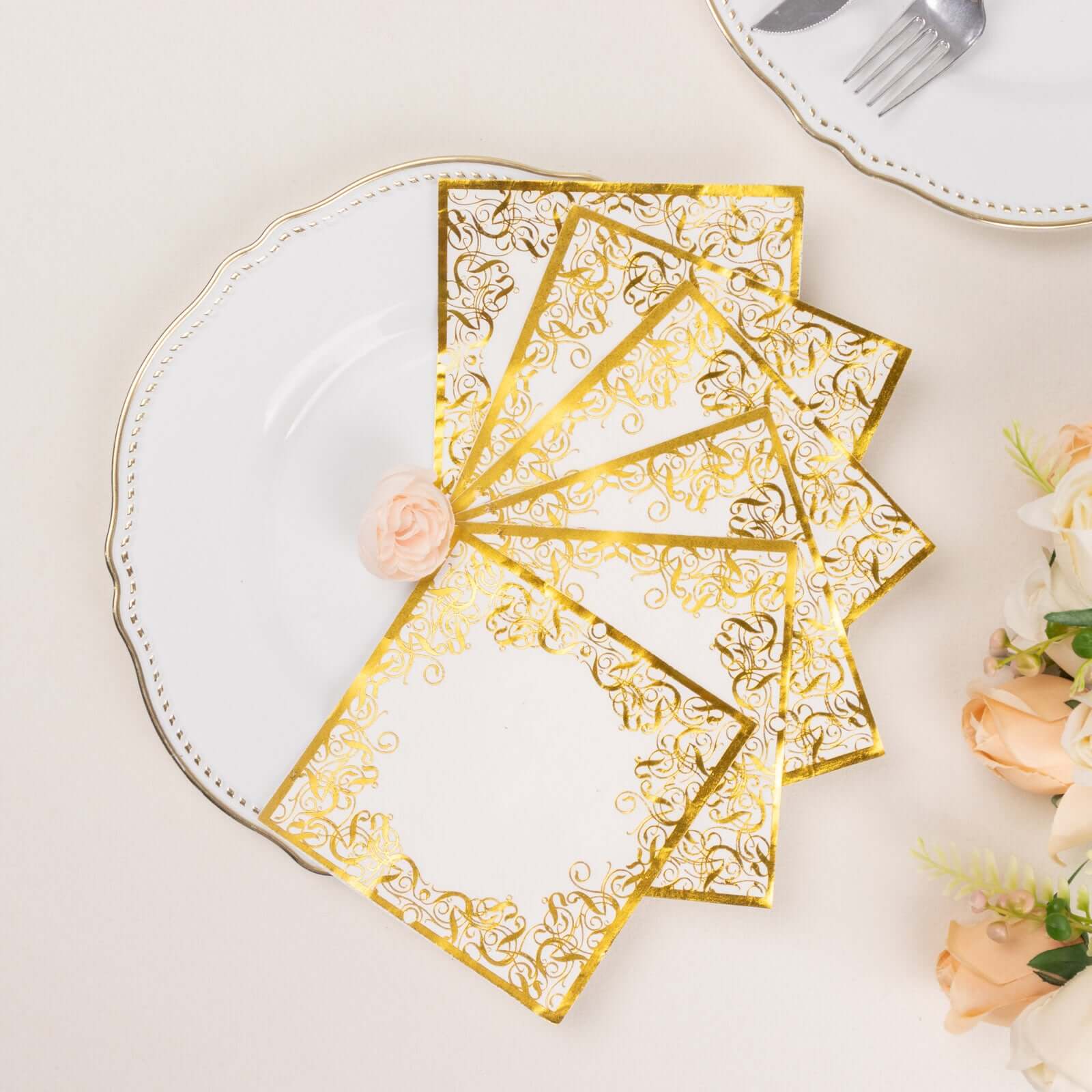 20-Pack Paper Beverage Napkins with Gold Foil Lace Design White - 3 Ply Disposable 18GSM European Style Cocktail Napkins 5"x5"