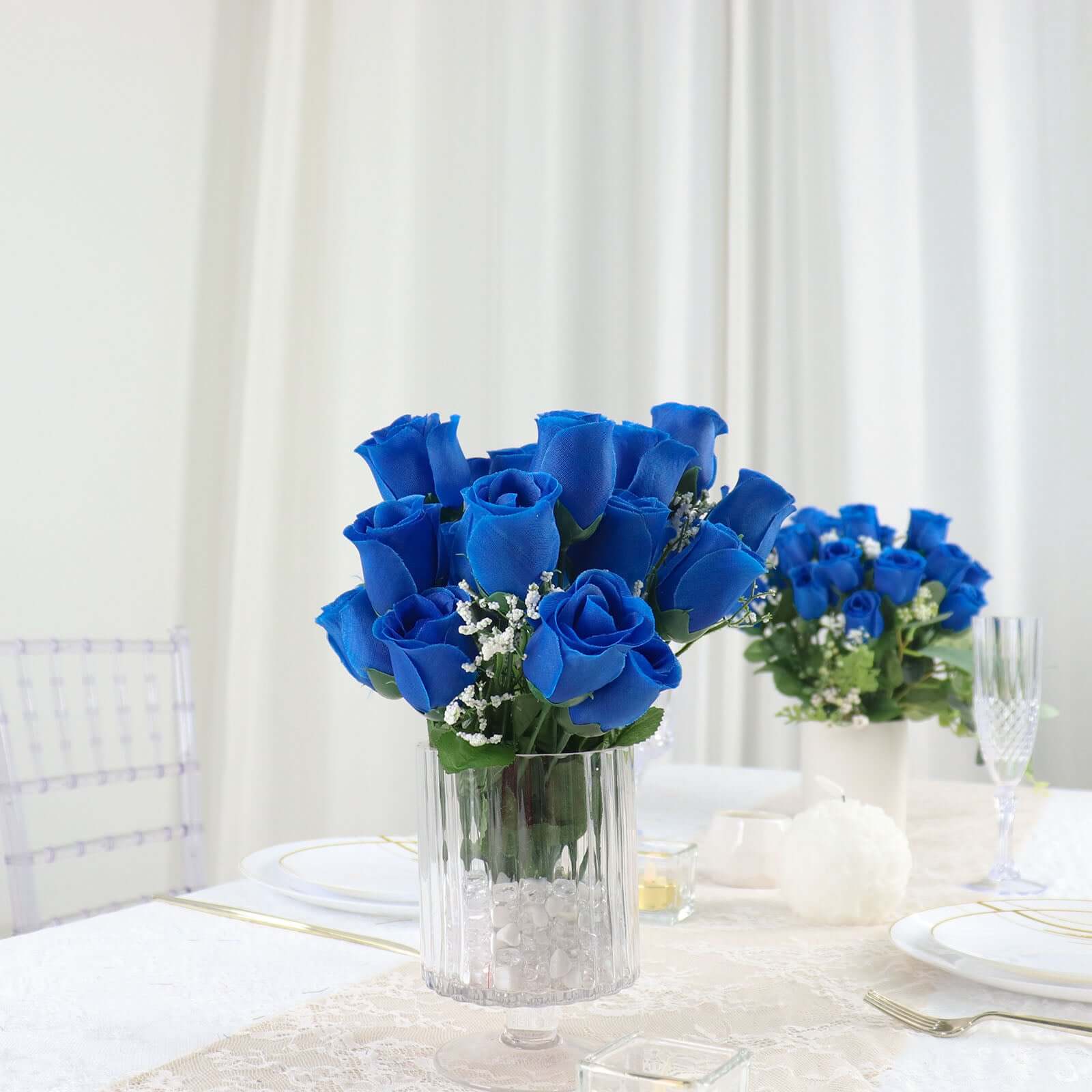 12 Bushes Royal Blue Artificial Premium Silk Flower Rose Bud Bouquets