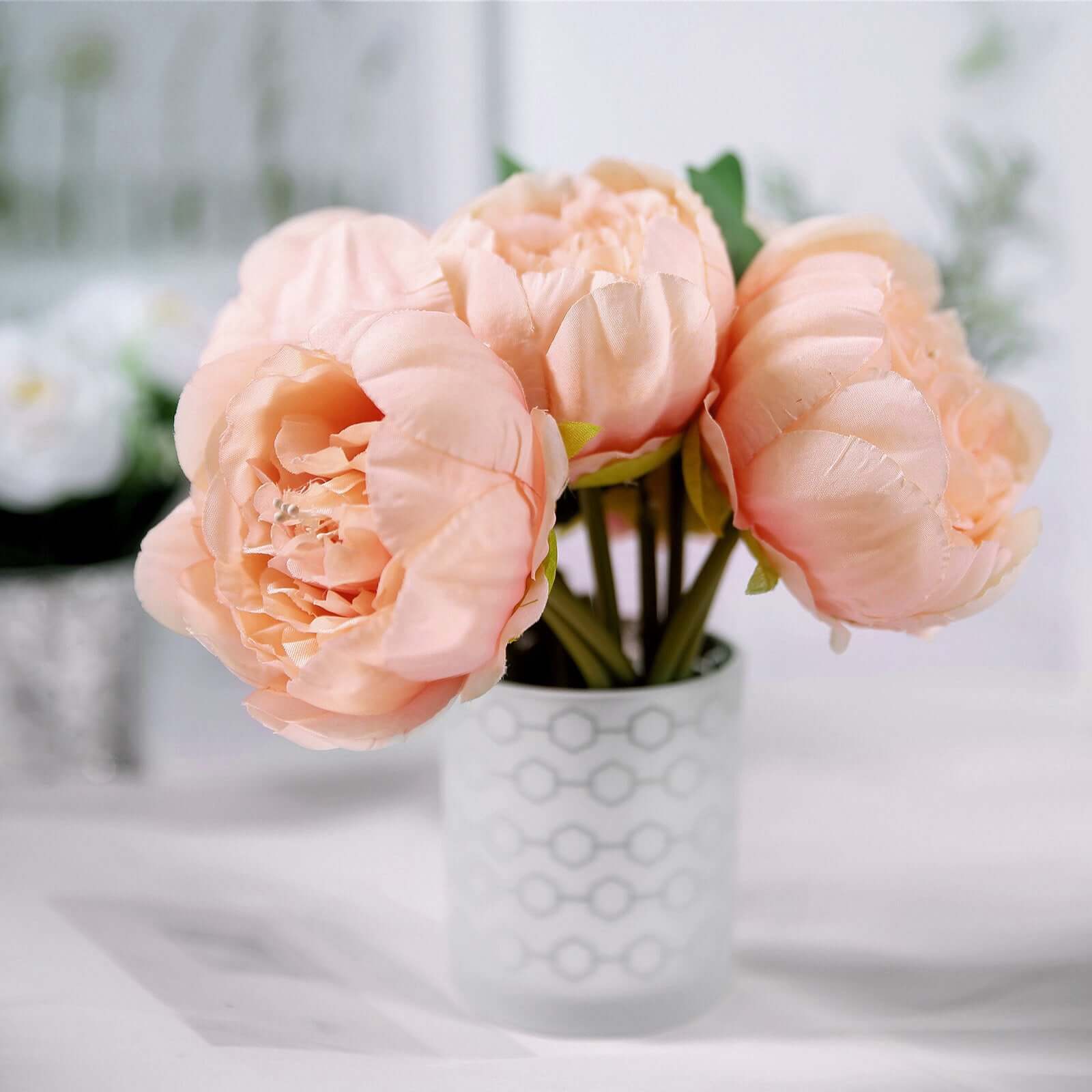 5 Flower Head Peach Peony Bouquet Artificial Silk Peonies Spray