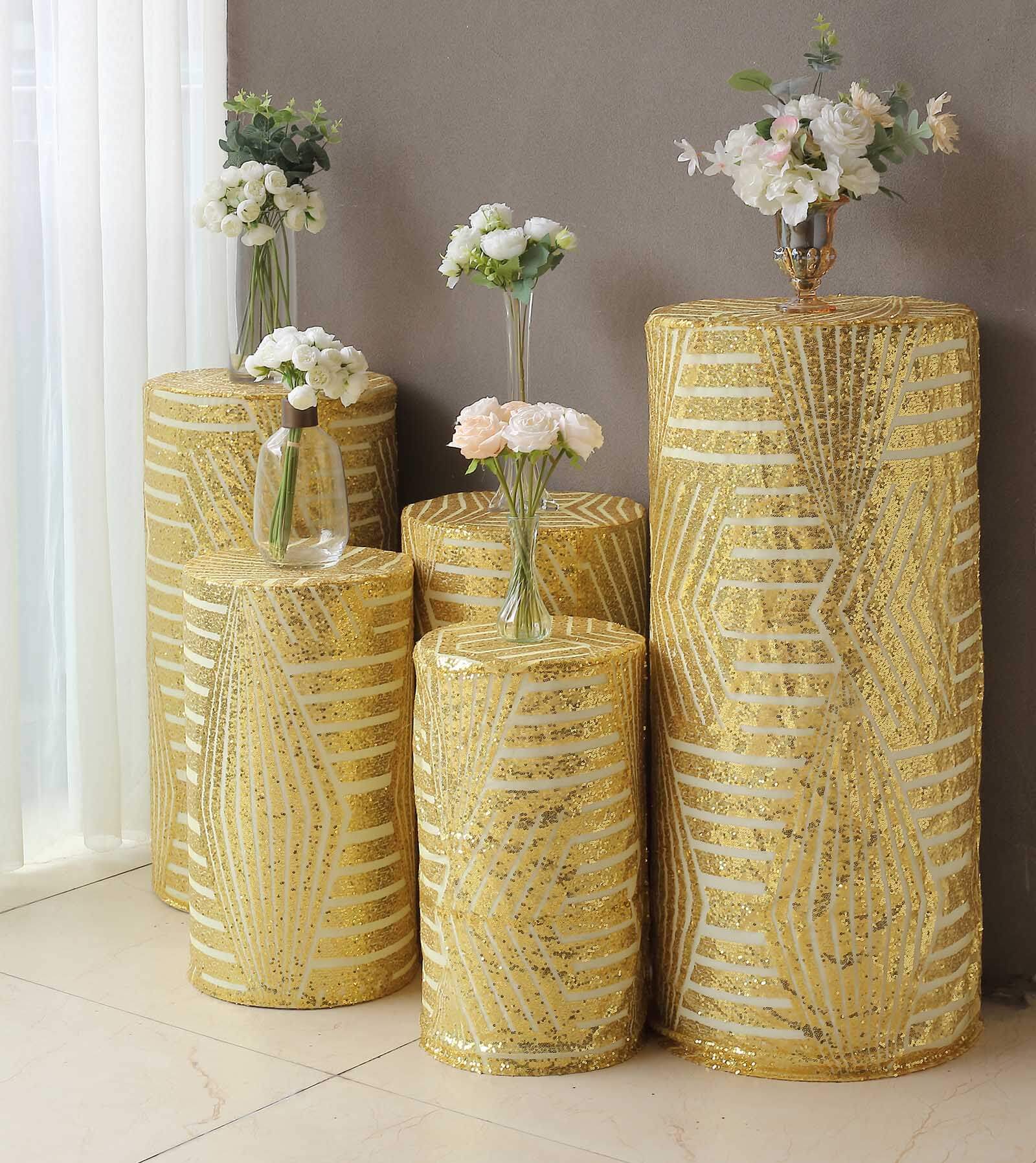Set of 5 Gold Sequin Mesh Cylinder Pedestal Stand Covers with Geometric Pattern Embroidery, Sparkly Sheer Tulle Pillar Prop Covers
