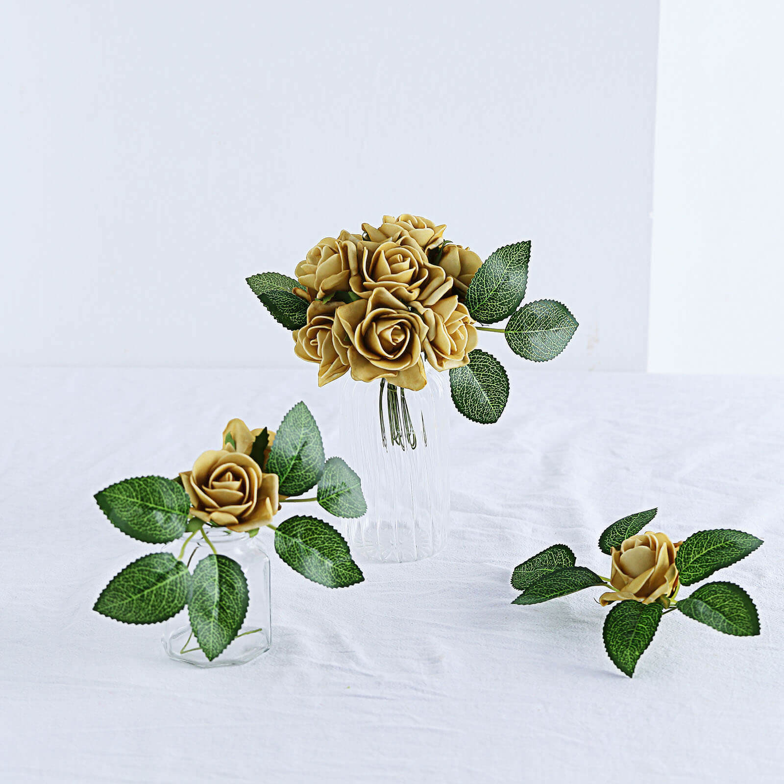 24 Roses 2" Gold Artificial Foam Flowers With Stem Wire and Leaves