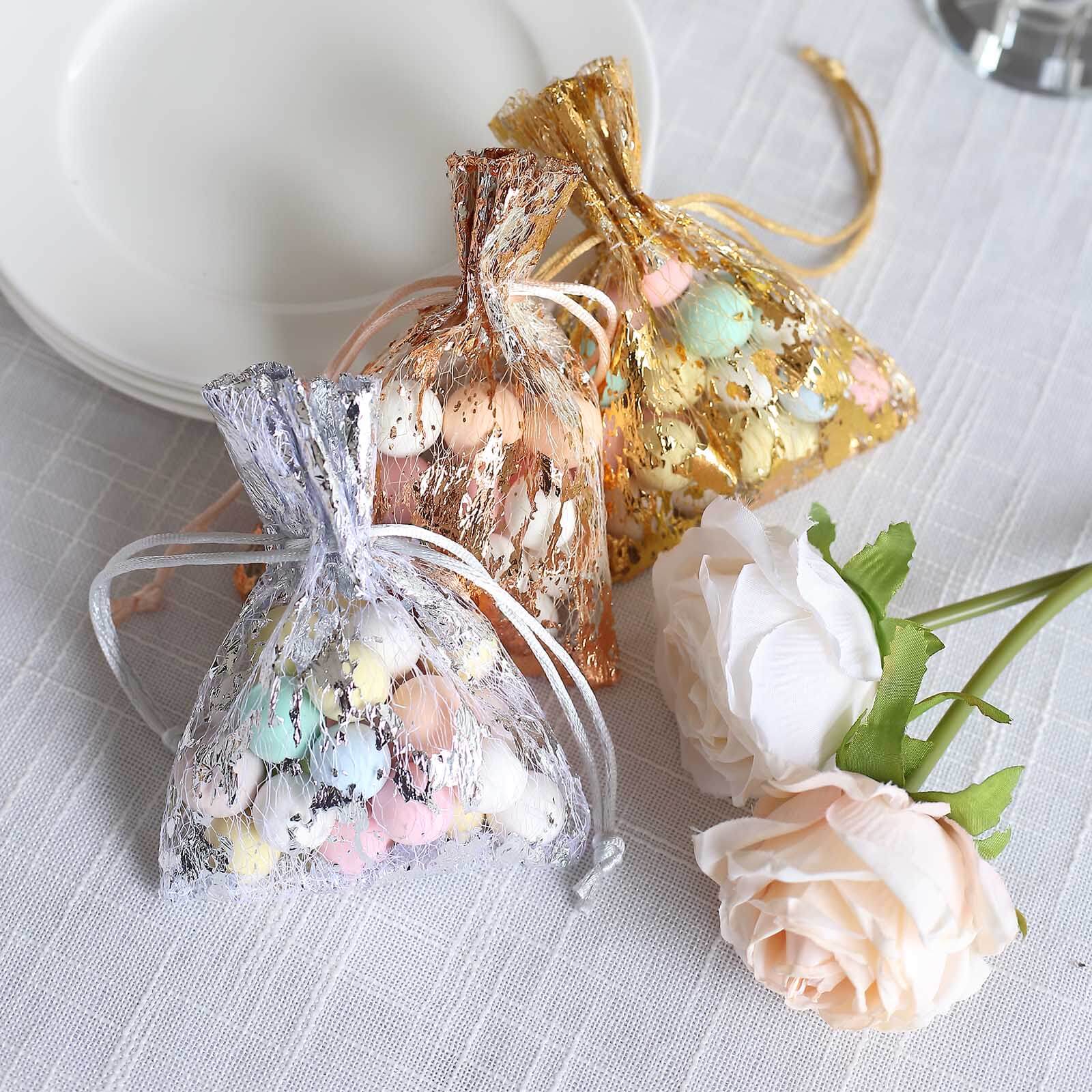 12 Pack Metallic Silver Foil Polyester Drawstring Candy Bags, Wedding Party Favor Bags - 4"x5"