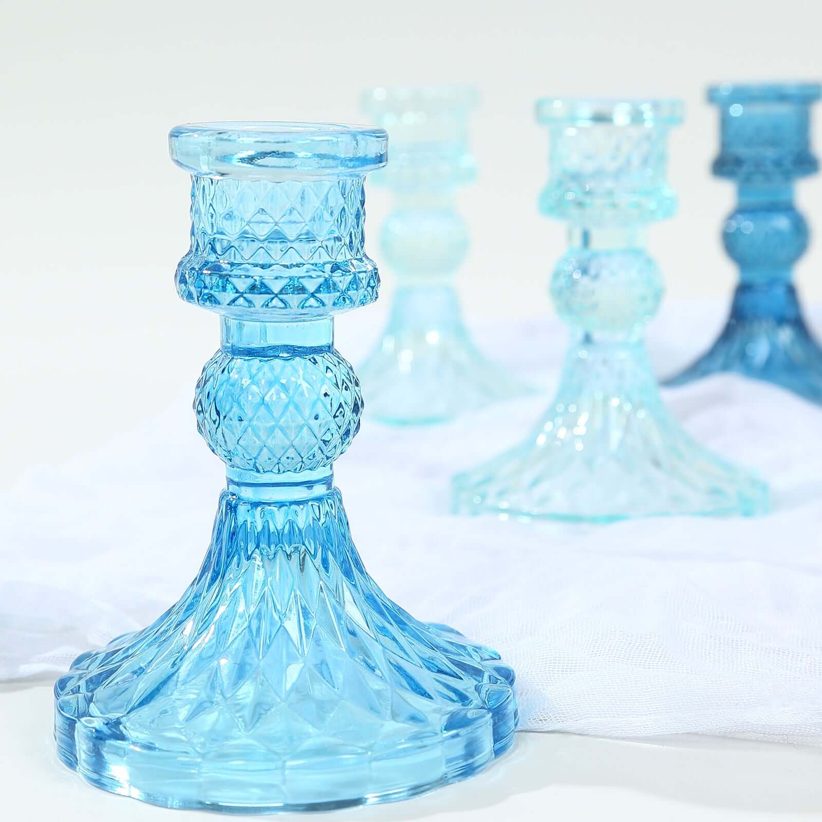 6-Pack Glass Taper Candlestick Holders Diamond Pattern Design Assorted Blue - Reversible Crystal Pillar Votive Stands 4"
