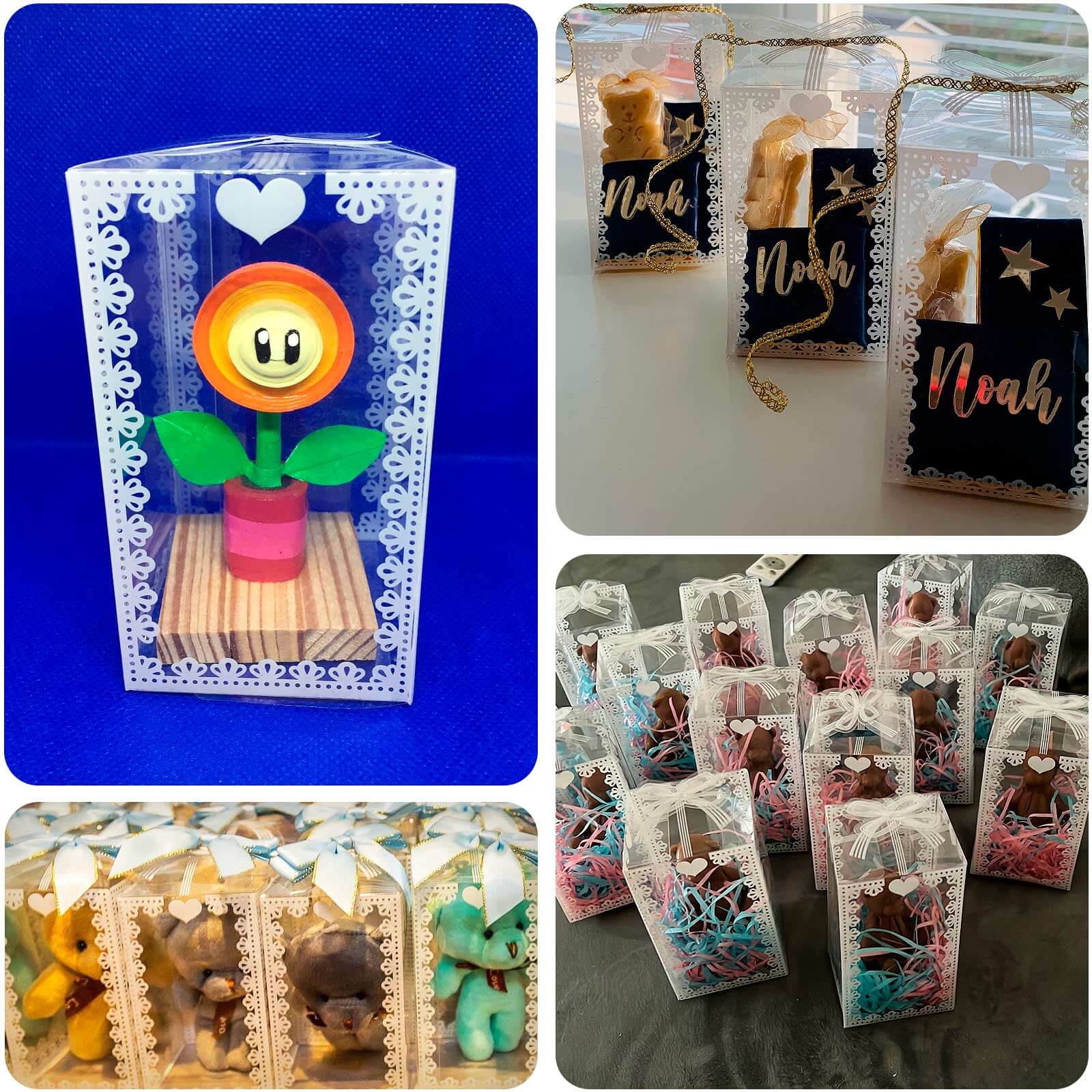 25 Pack Clear Rectangle Candy Gift Boxes With Bowknot and White Lace Pattern, 4" Transparent Plastic Party Favor Boxes - 2"x2"x4"