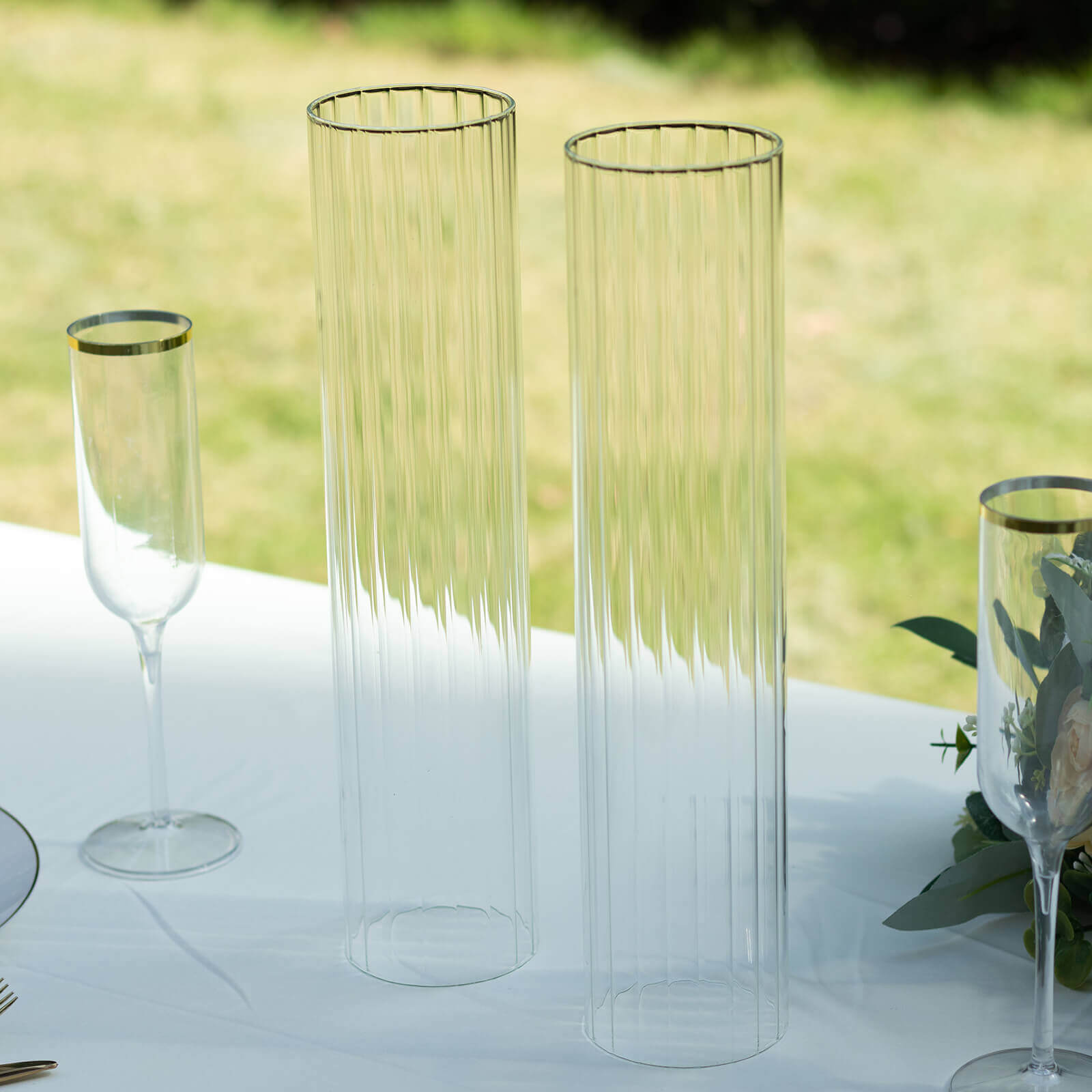 2-Pack Clear Ribbed Glass Hurricane Shades Open End Design - Stylish Candelabra Pillar Candle Holder Table Centerpiece 14"
