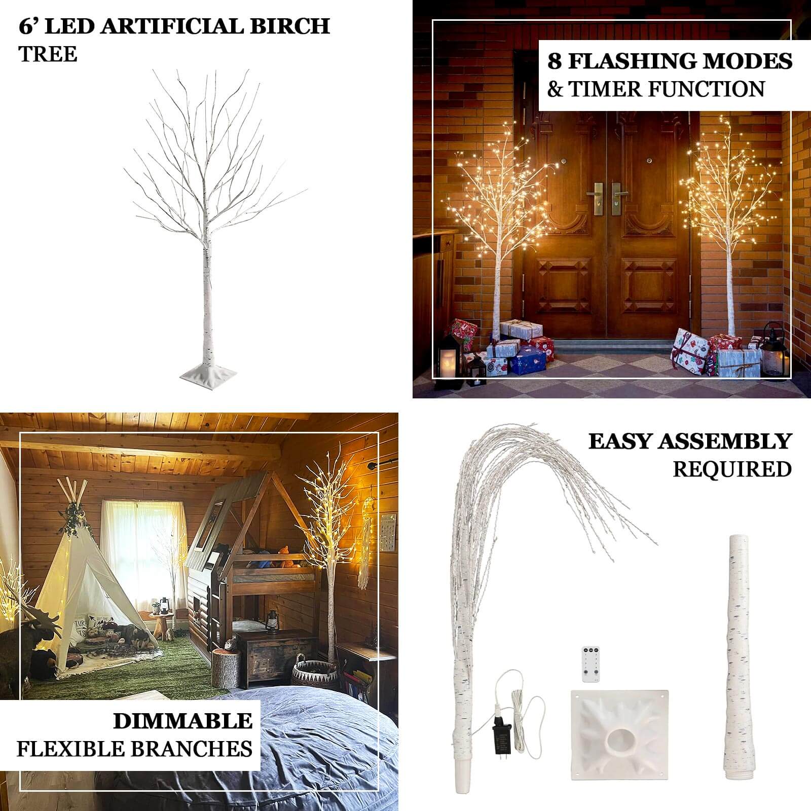 350 LED Lighted Birch Tree Design Warm White - Plug-in Remote Timer Lights with Detachable Base 6ft