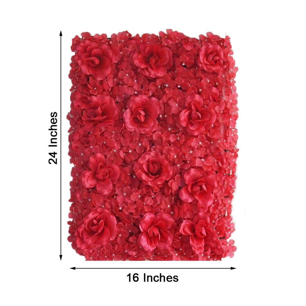 11 Sq ft. Red 3D Silk Rose and Hydrangea Flower Wall Mat Backdrop - 4 Artificial Panels