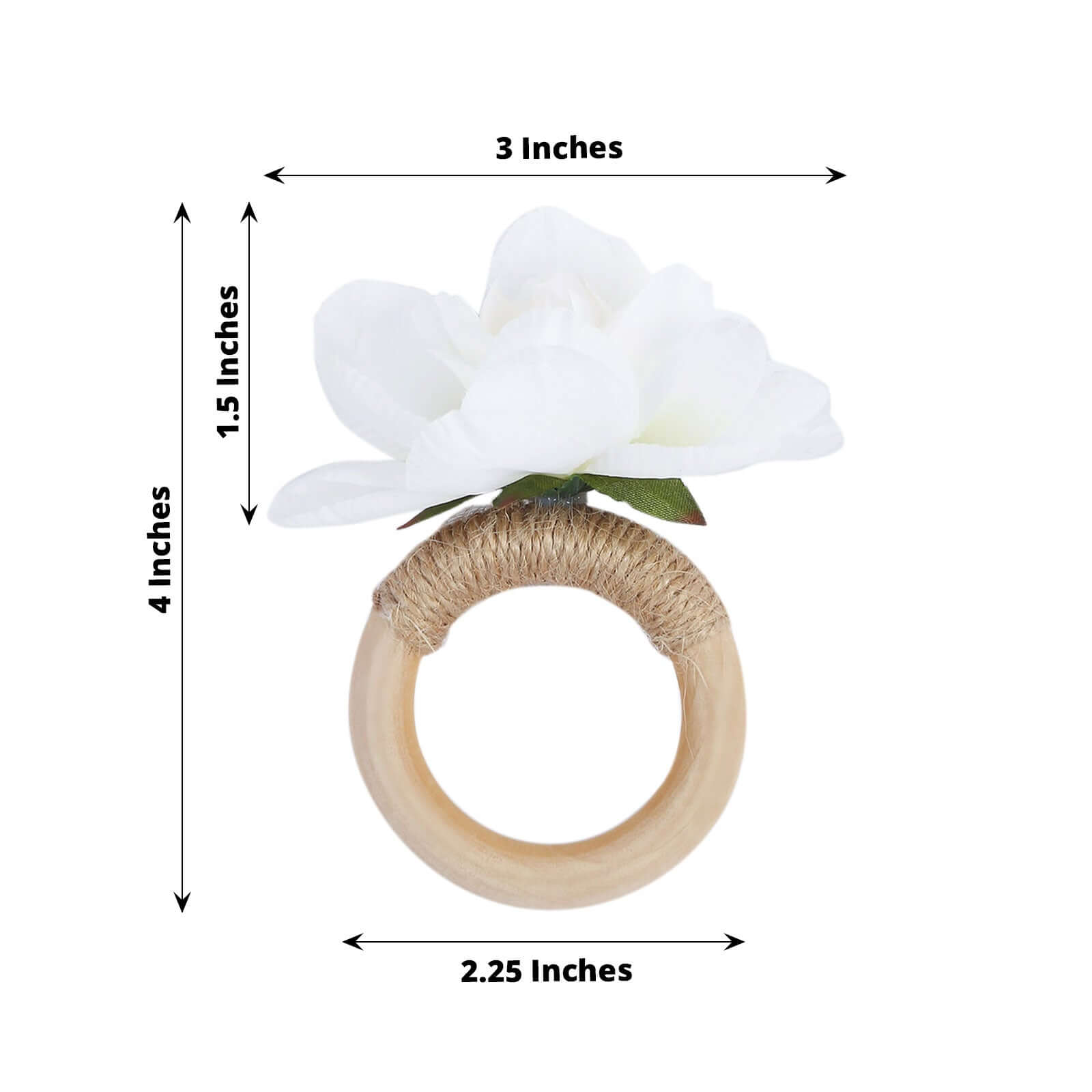 4 Pack White Silk Jasmine Flower Napkin Rings with Wooden Holder, Rustic Boho Serviette Buckles with Artificial Flowers
