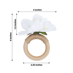 4 Pack White Silk Jasmine Flower Napkin Rings with Wooden Holder, Rustic Boho Serviette Buckles with Artificial Flowers