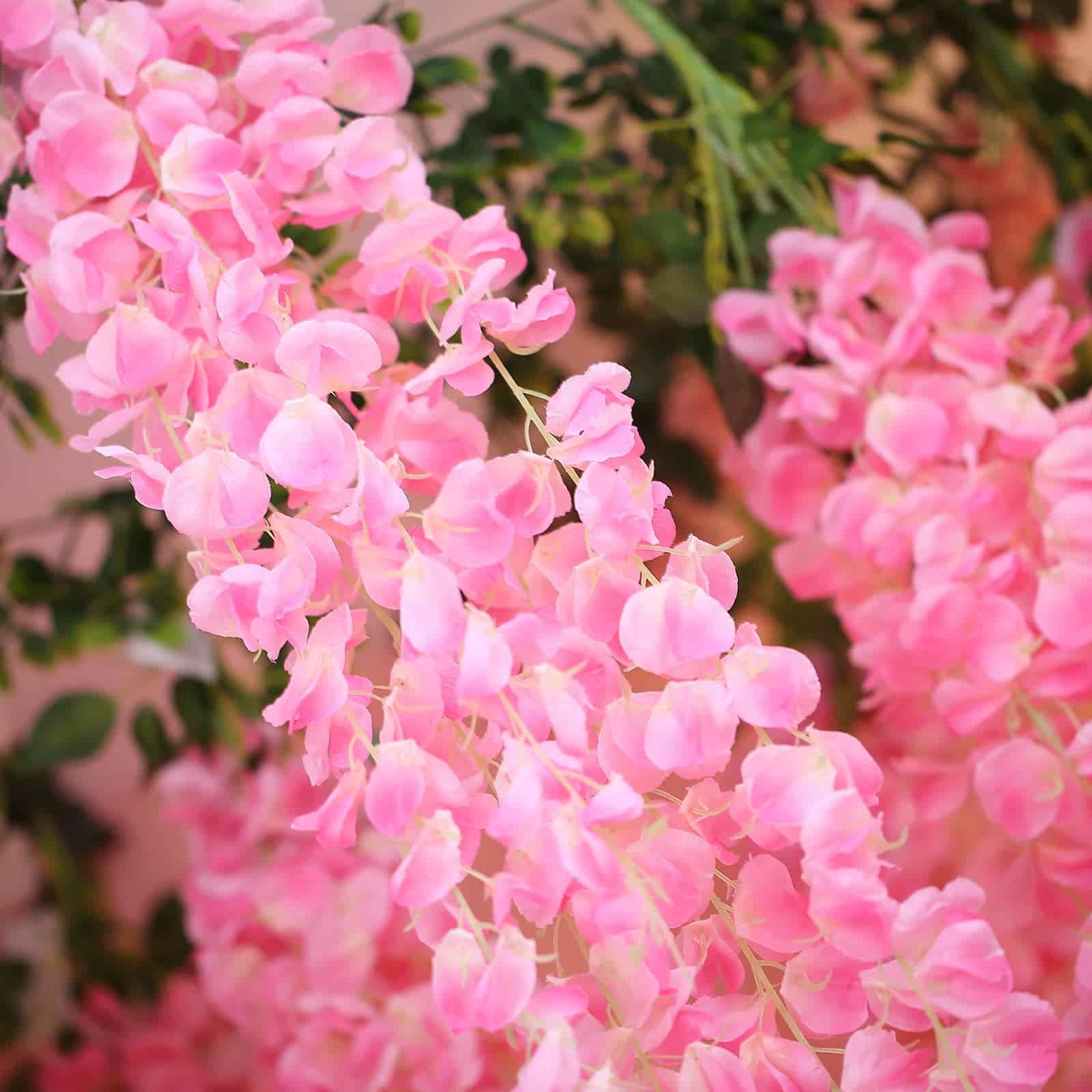 42" Silk Hanging Wisteria Flower Garland Vines in Pink, Elaborated 5 Full Strands in 1 Bush